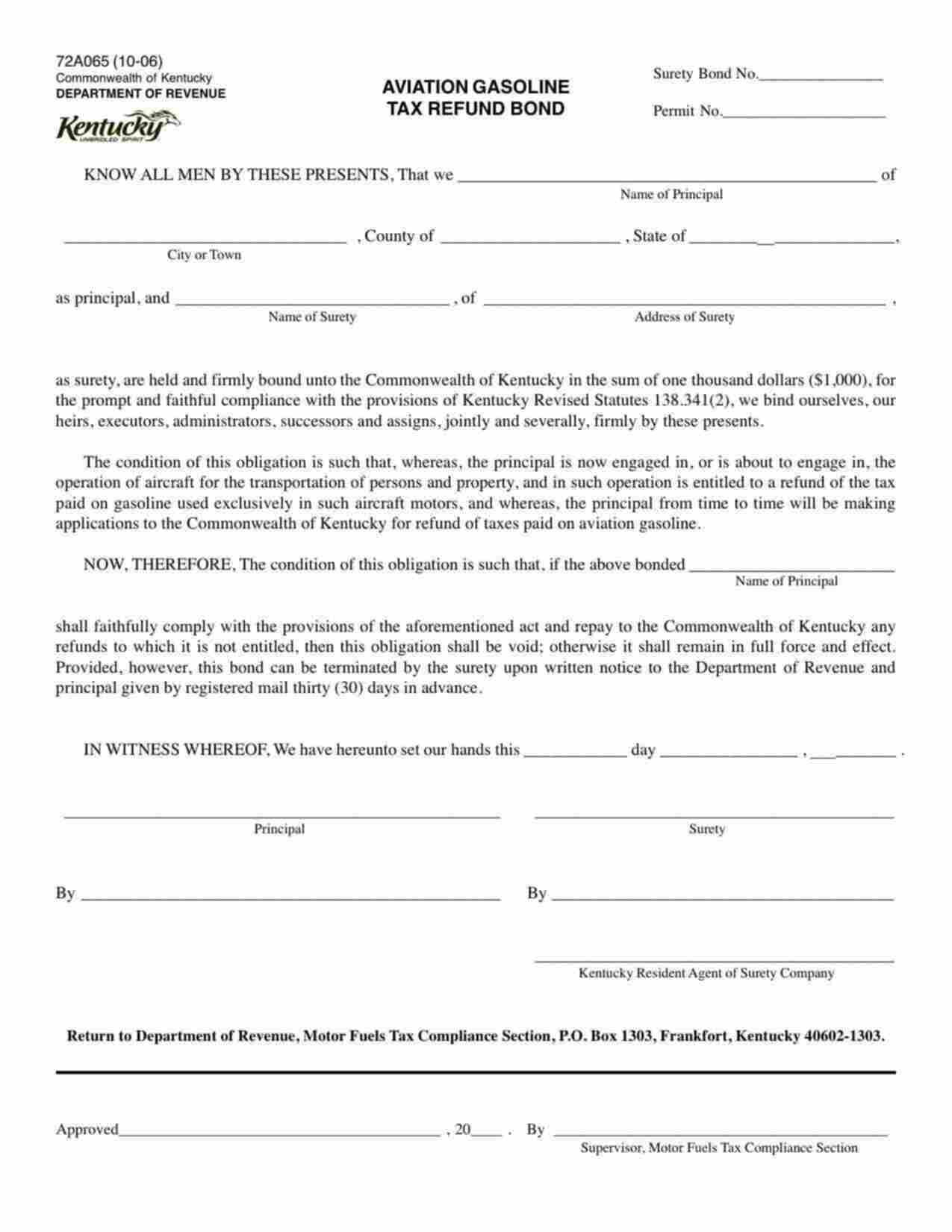 Kentucky Aviation Gasoline Tax Refund Bond Form