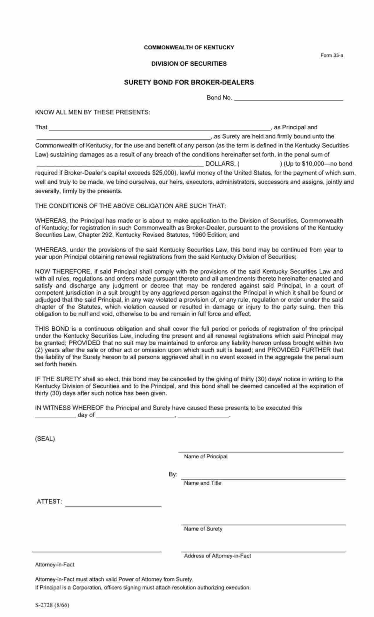 Kentucky Brokers-Dealers Bond Form