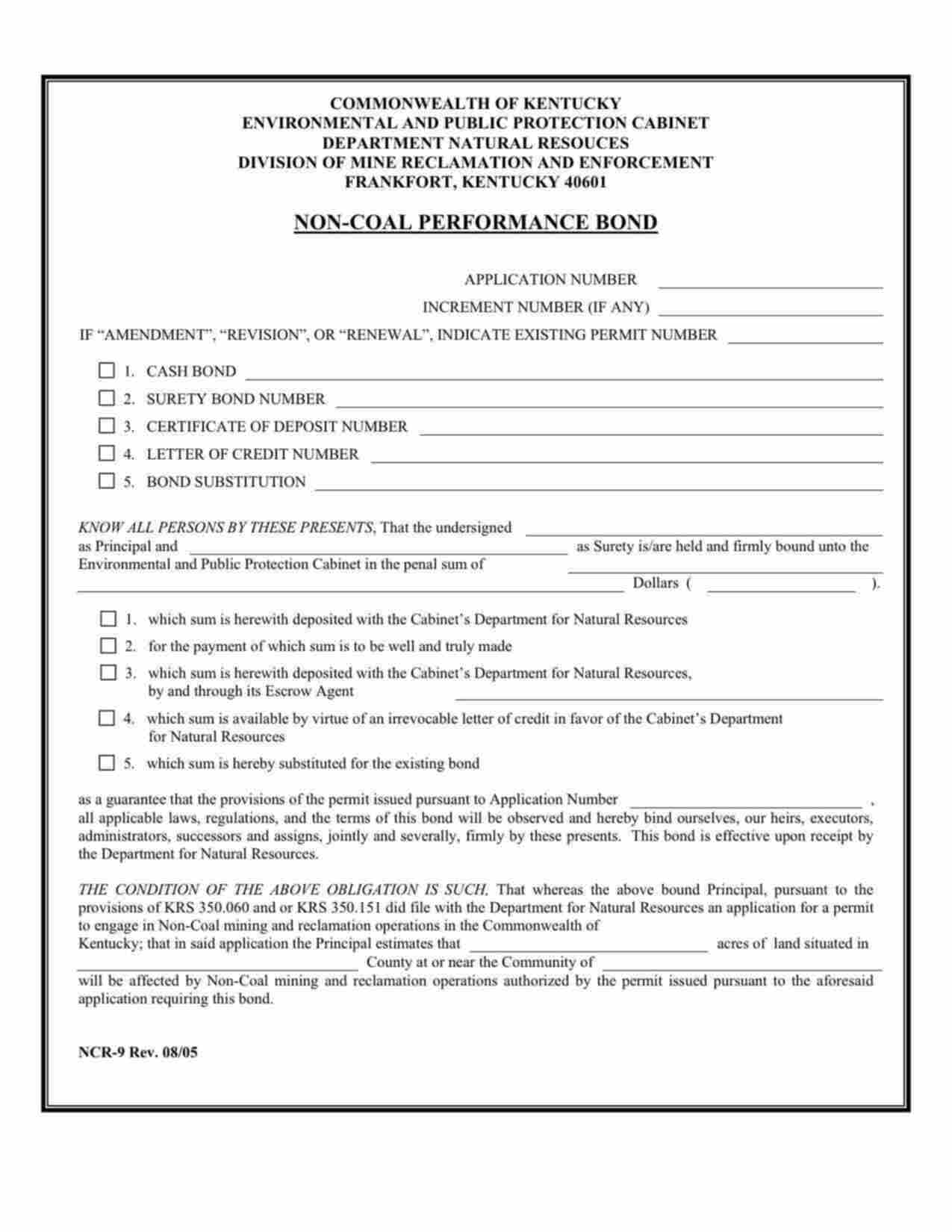 Kentucky Non-Coal Mining and Reclamation Performance Bond Form