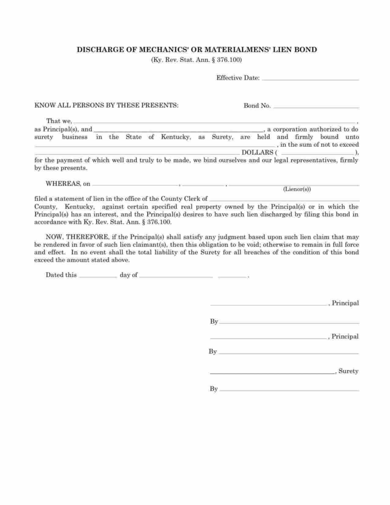 Kentucky Discharge of Mechanics Lien Bond Form