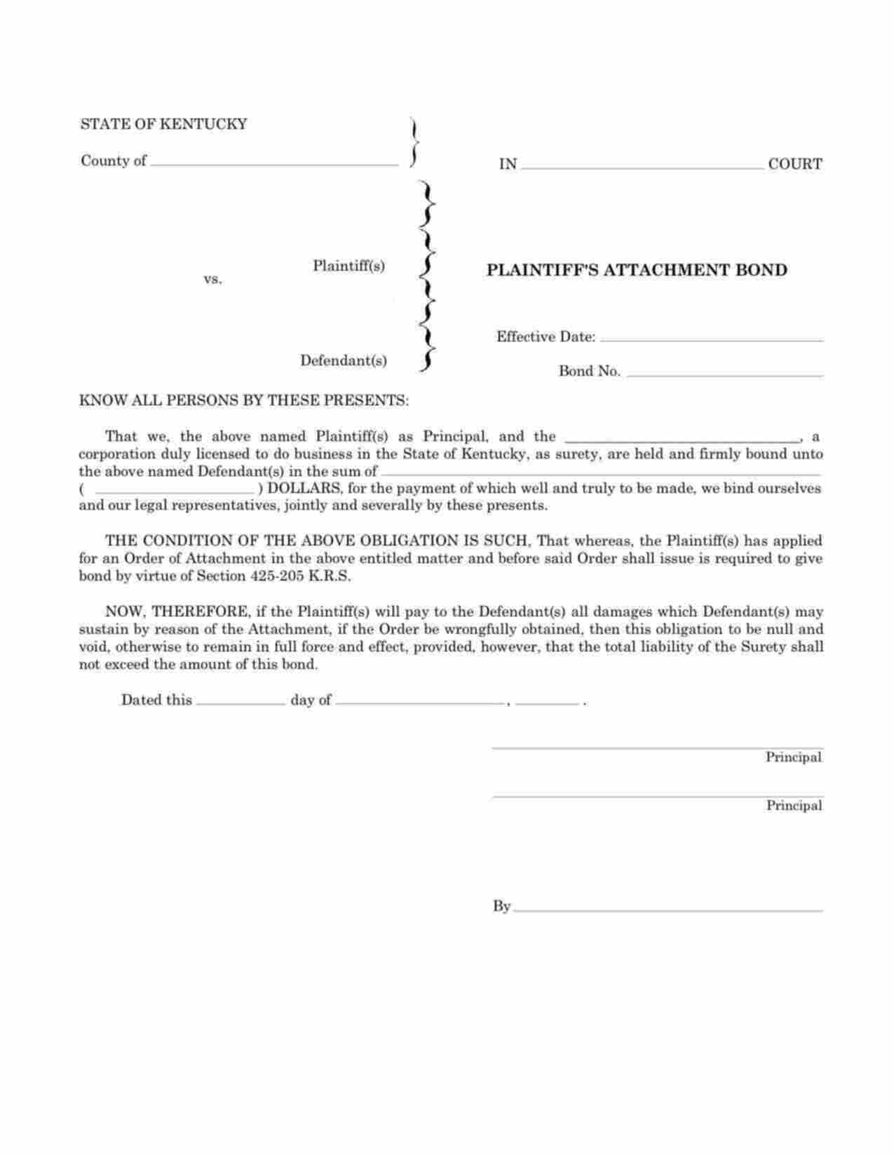 Kentucky Plaintiffs Attachment Bond Form