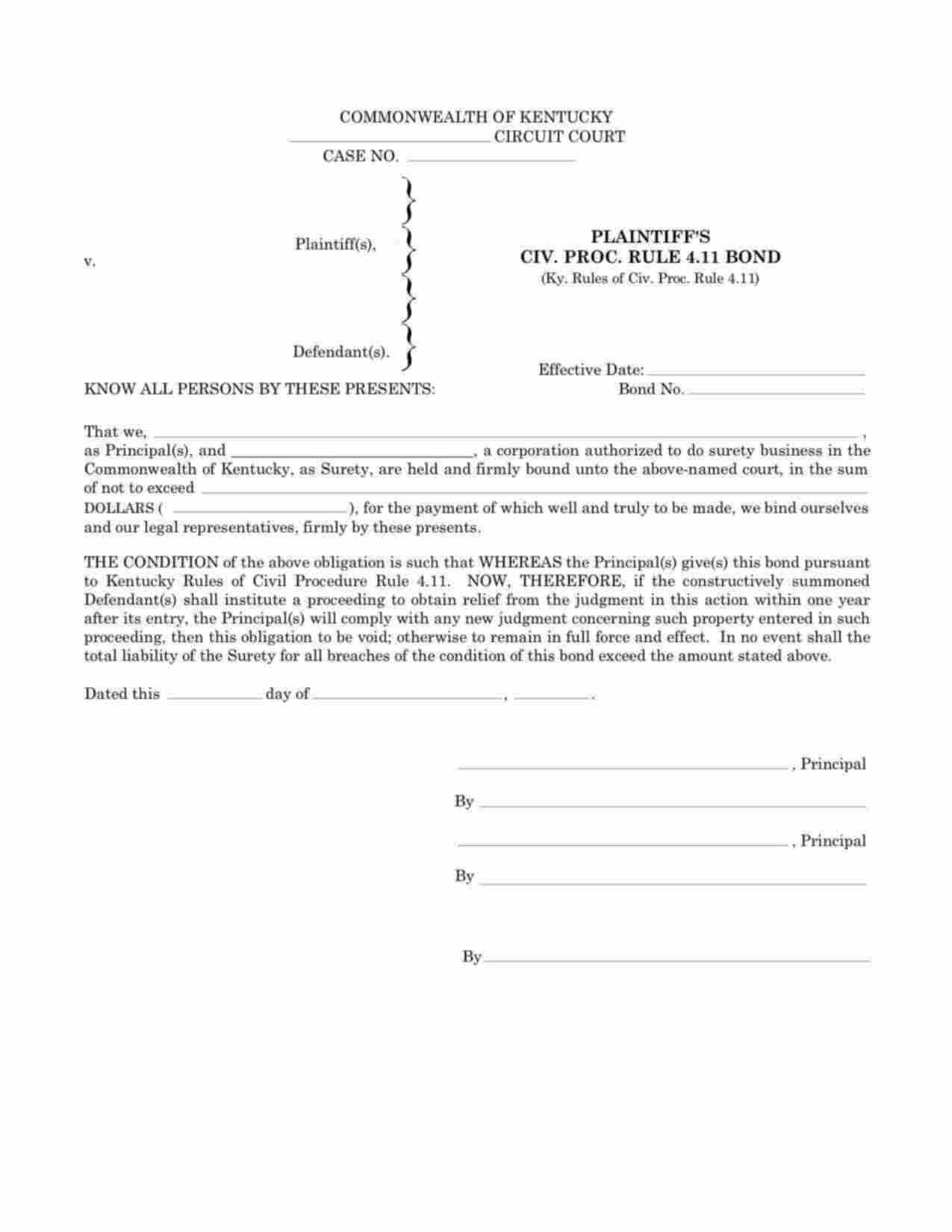 Kentucky Plaintiffs Civil Procedure Rule 4.11 Bond Form