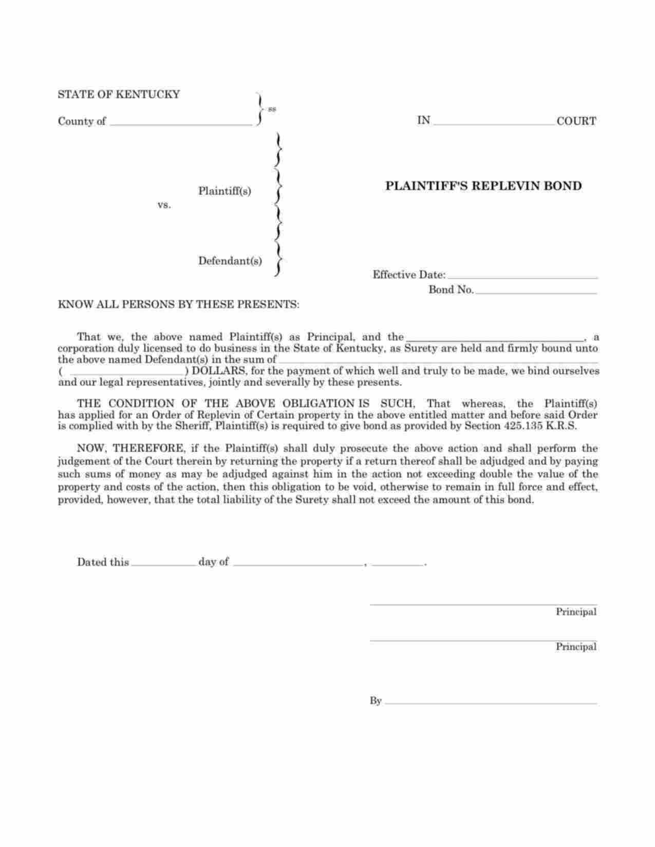 Kentucky Plaintiffs Replevin Bond Form