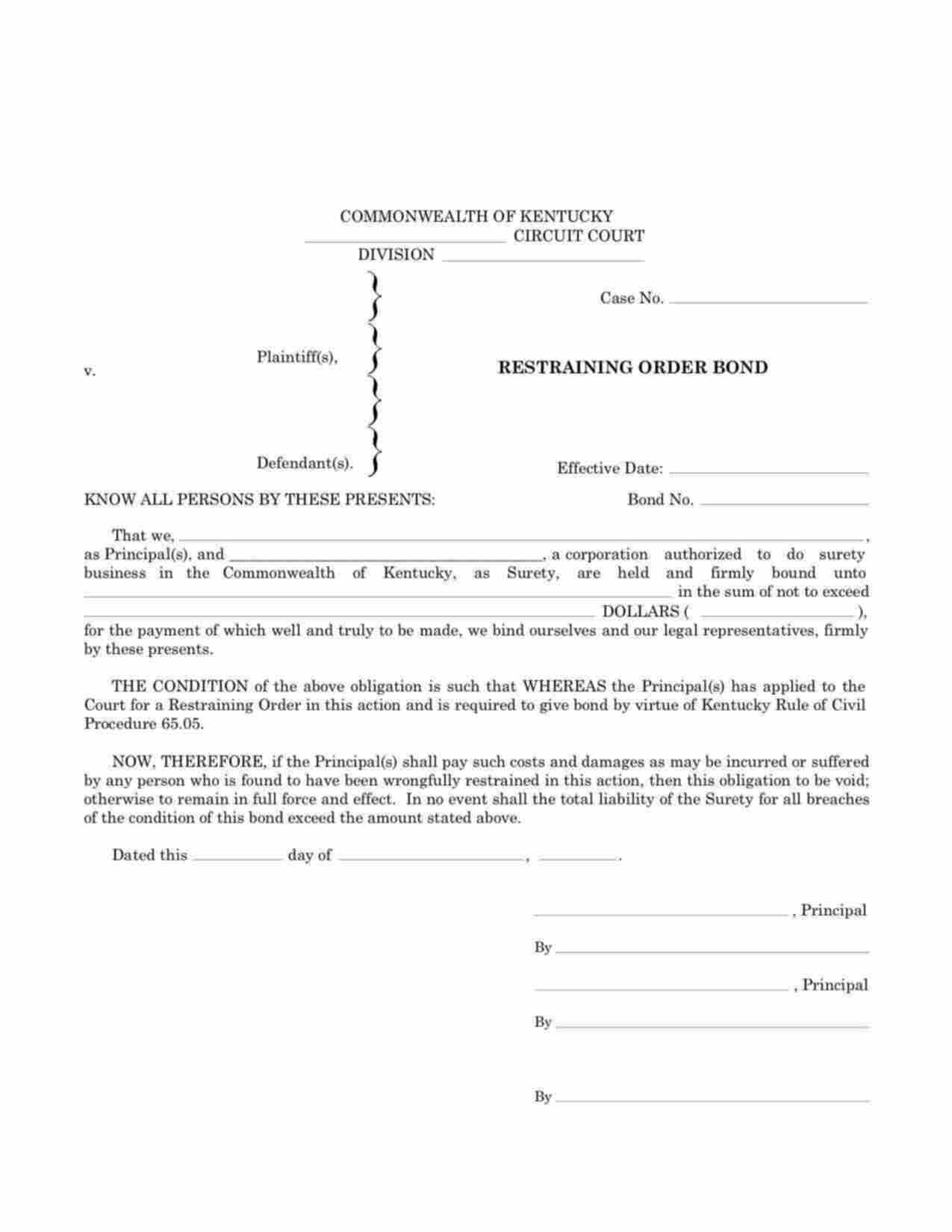Kentucky Restraining Order Bond Form