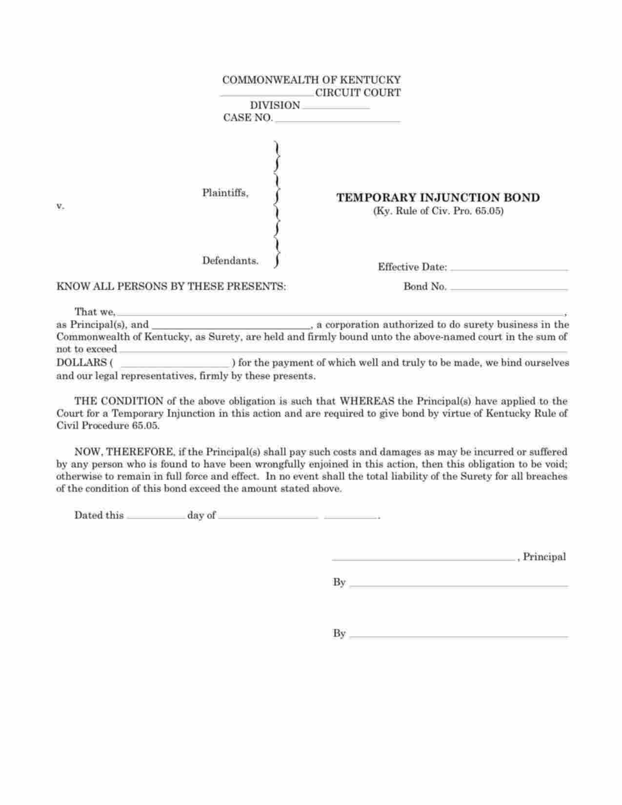 Kentucky Temporary Injunction Bond Form