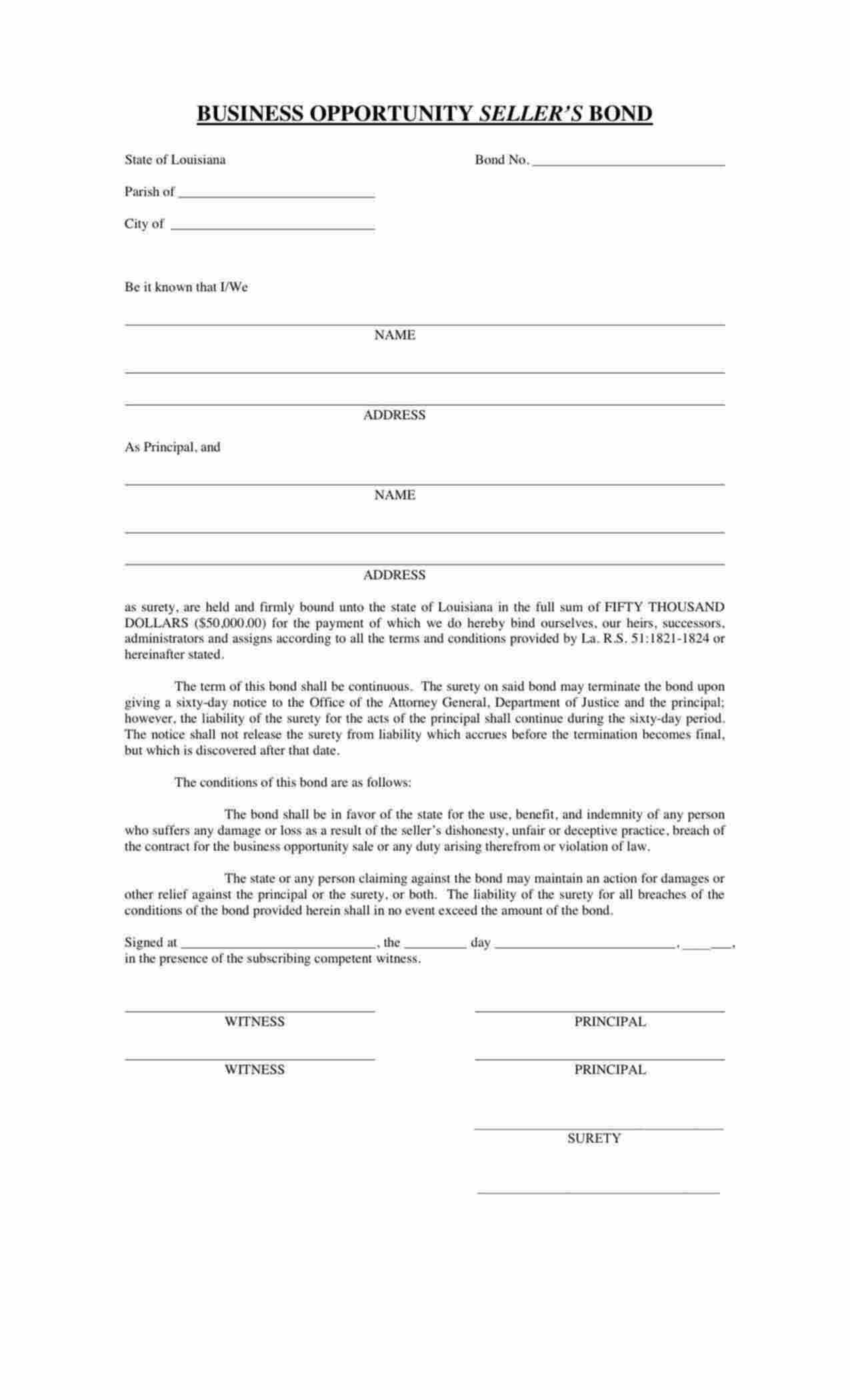 Louisiana Business Opportunity Seller Bond Form