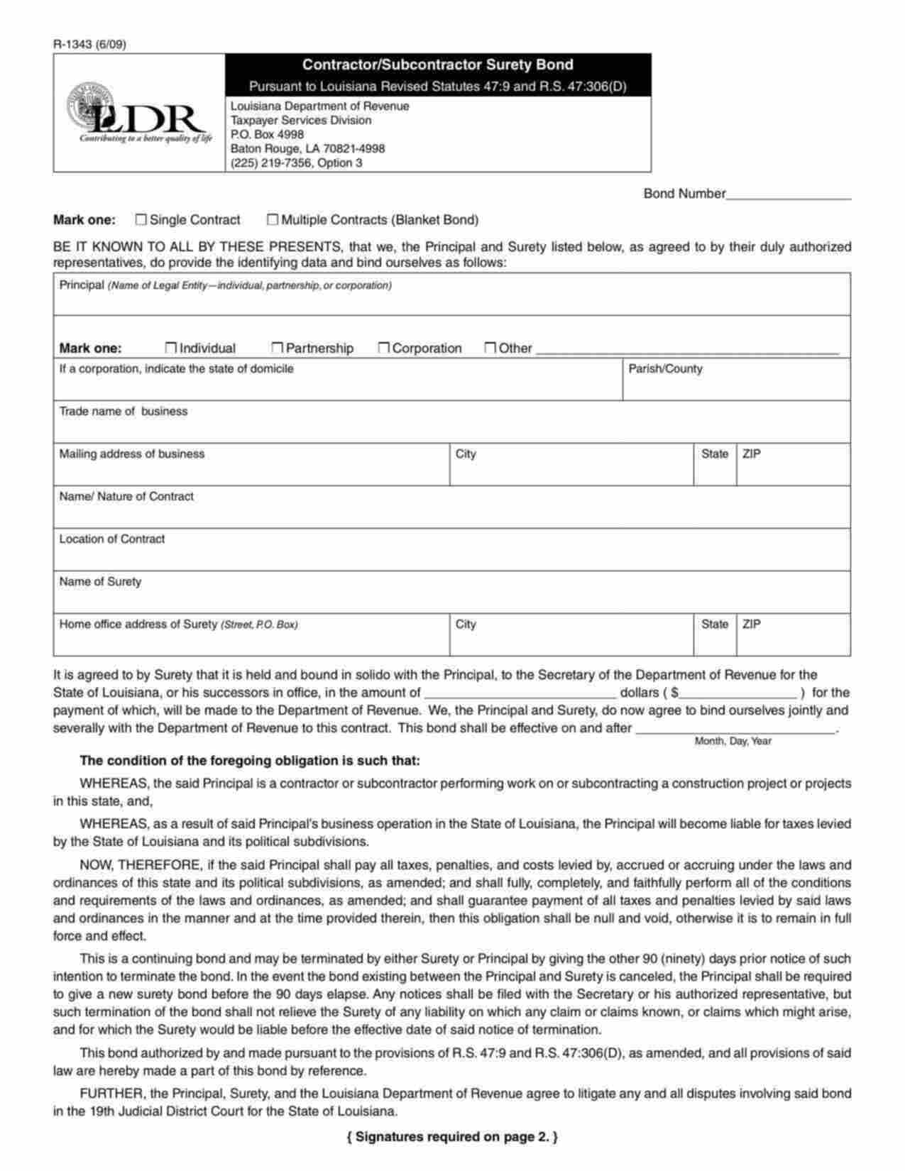 Louisiana Contractor/Subcontractor Tax - Single Contract Bond Form