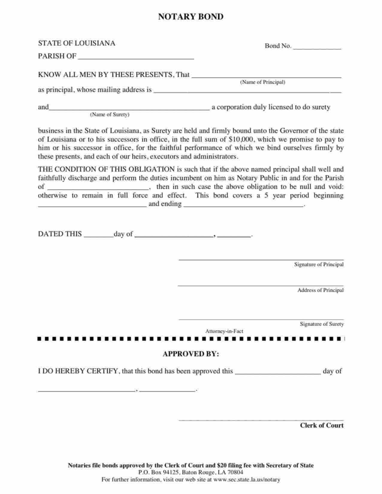 Louisiana Notary Public Bond Form