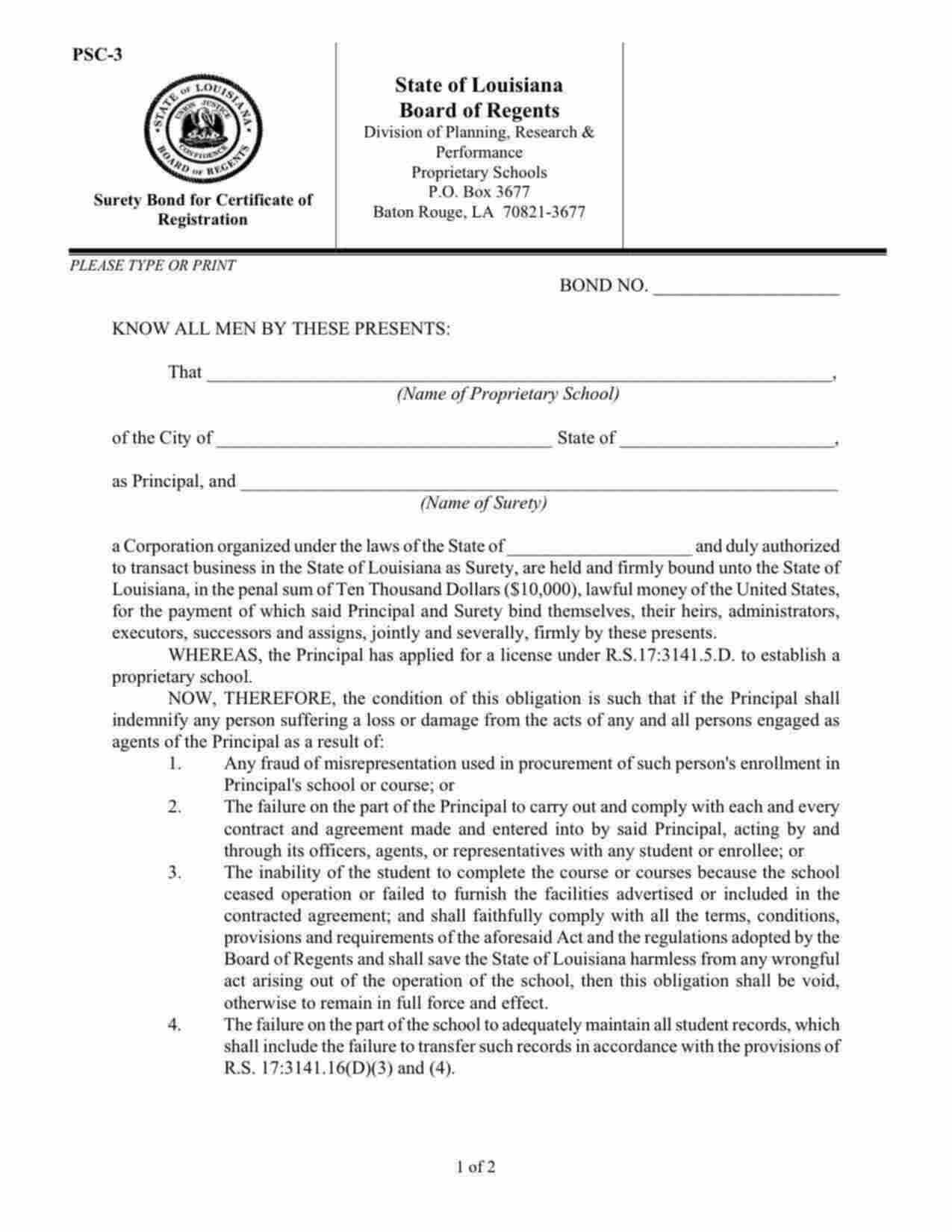Louisiana Proprietary School - Certificate of Registration Bond Form