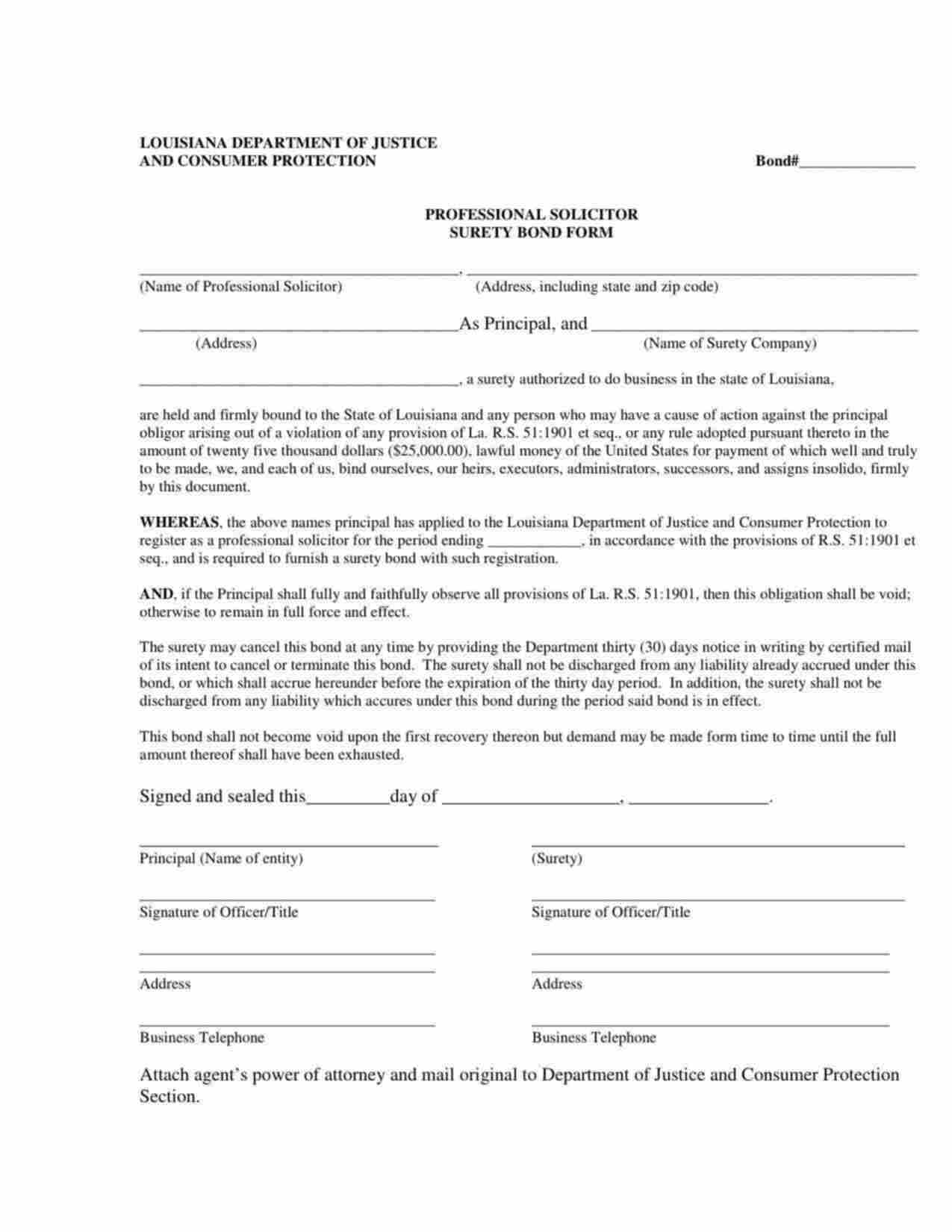 Louisiana Professional Solicitor Bond Form