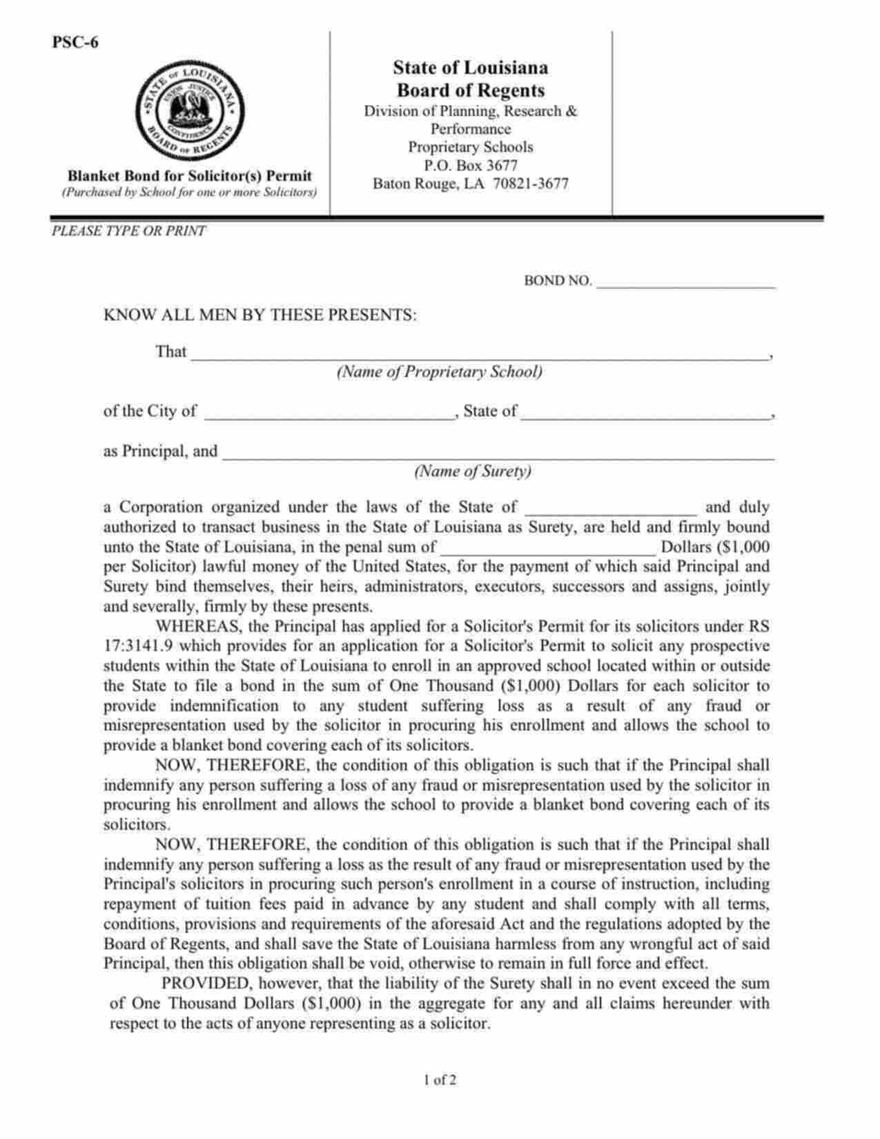 Louisiana Proprietary Schools -Solicitor(s) Permit Blanket Bond Form