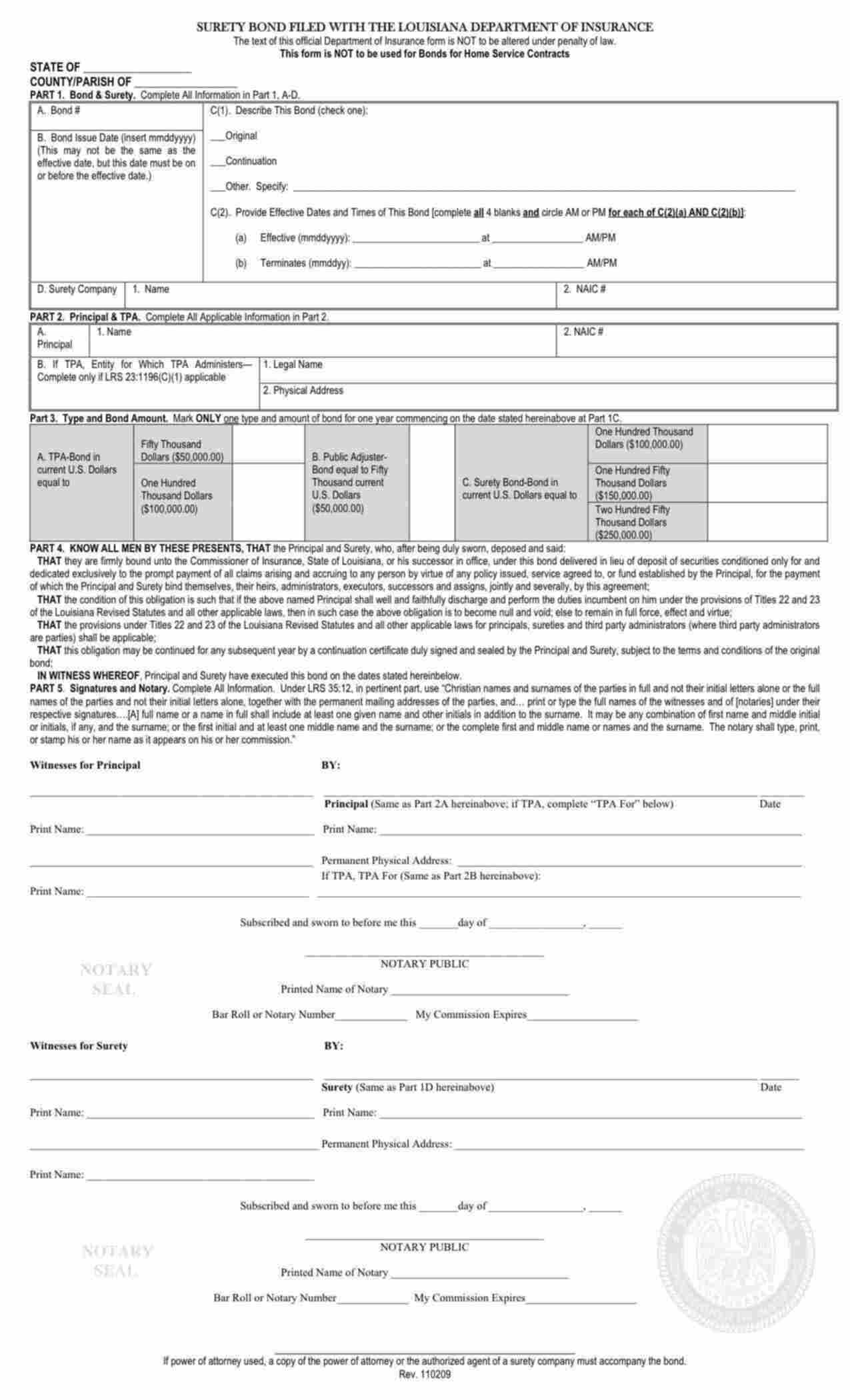 Louisiana Public Adjuster Bond Form