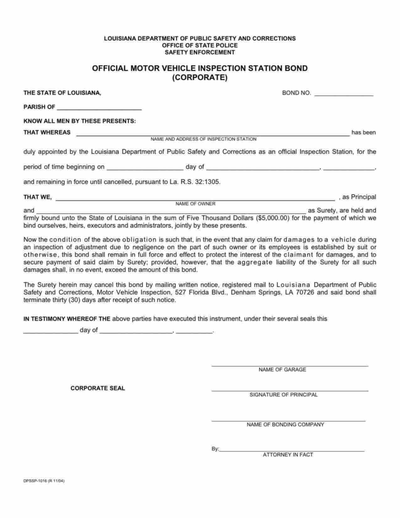 Louisiana Motor Vehicle Inspection Station Bond Form