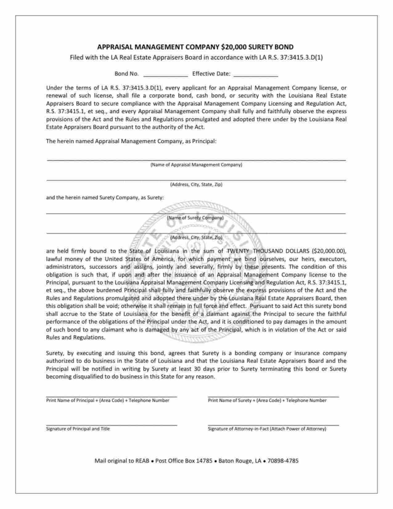 Louisiana Appraisal Management Company Bond Form