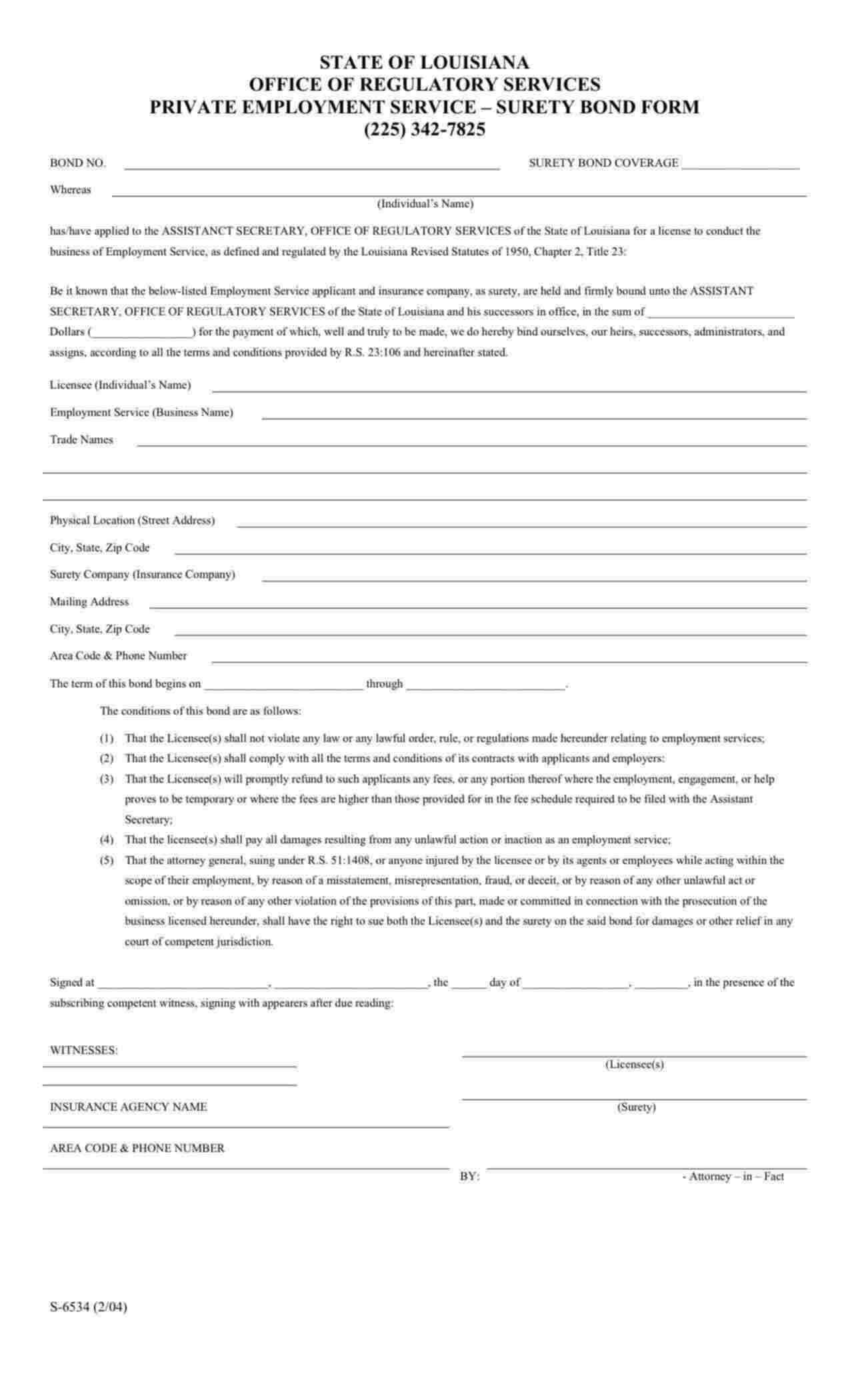 Louisiana Private Employment Service Bond Form