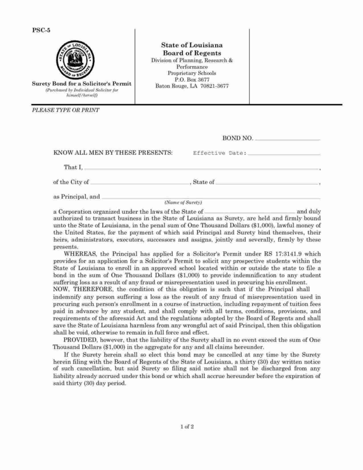Louisiana Proprietary Schools - Solicitor's Permit Bond Form