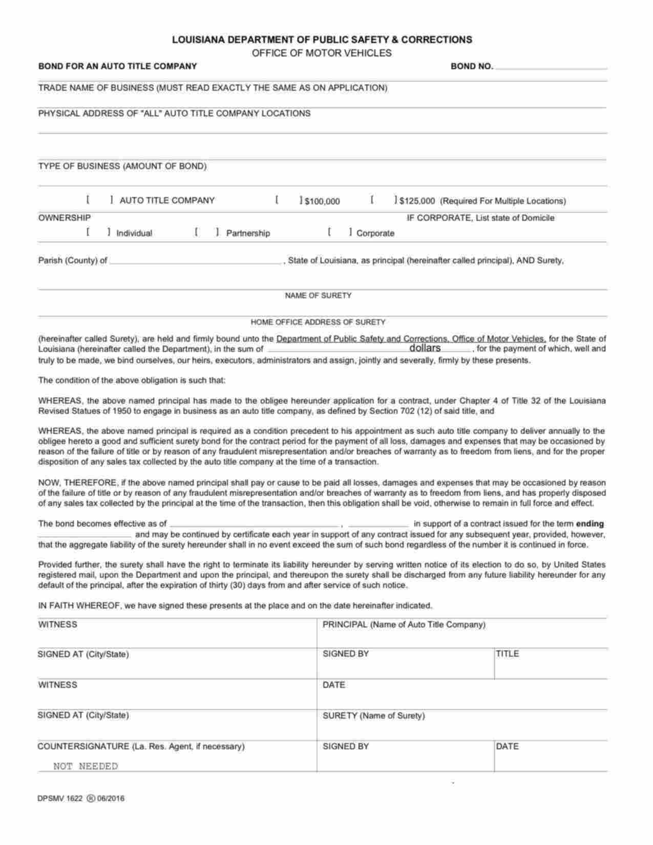 Louisiana Auto Title Company Bond Form