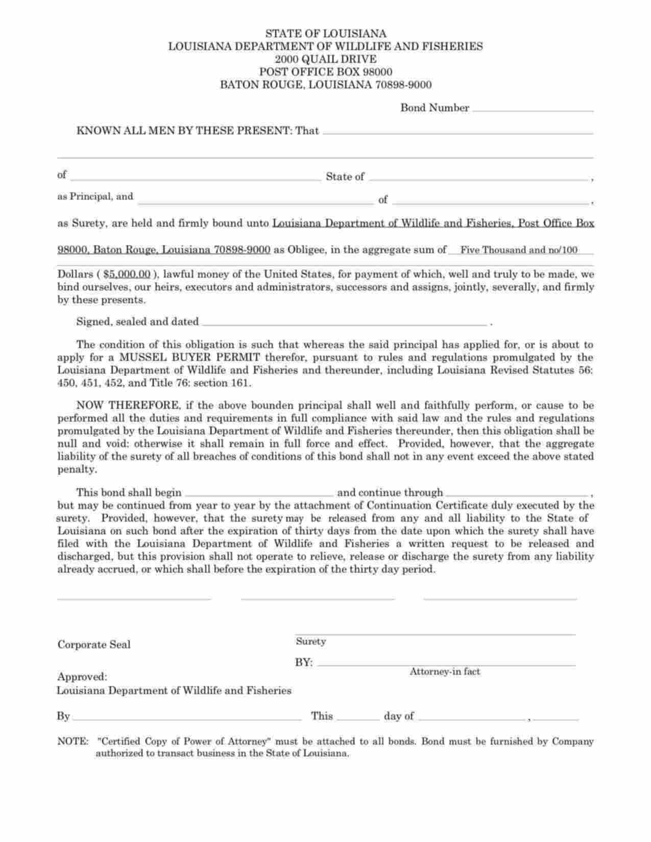 Louisiana Mussel Buyer Permit Bond Form