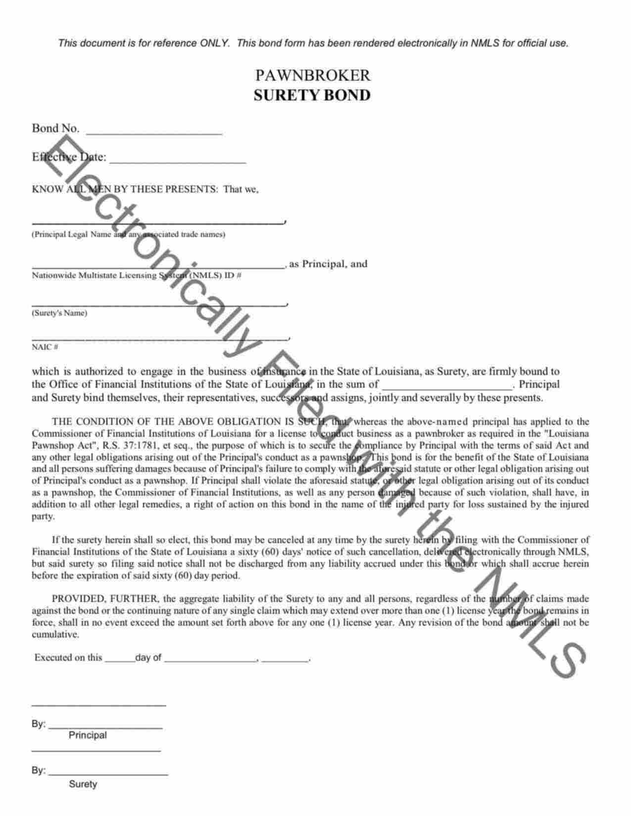 Louisiana Pawnbroker Main Office (out-of-state) Bond Form