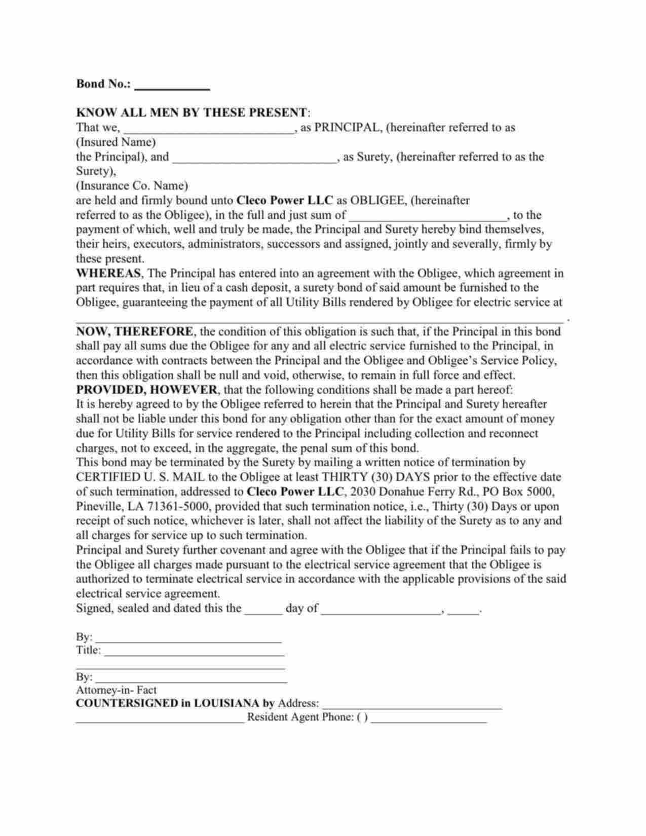 Louisiana Utility Deposit Bond Form