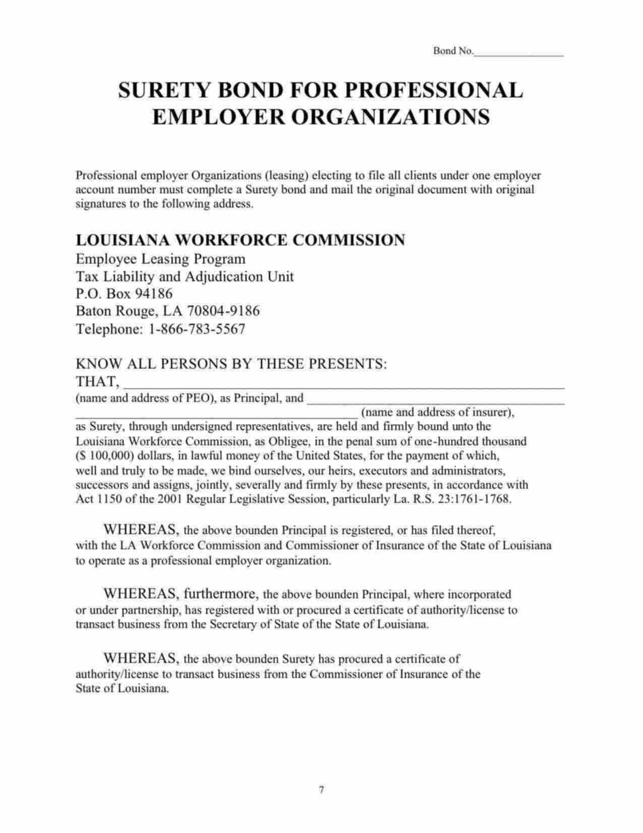 Louisiana Professional Employer Organization Bond Form