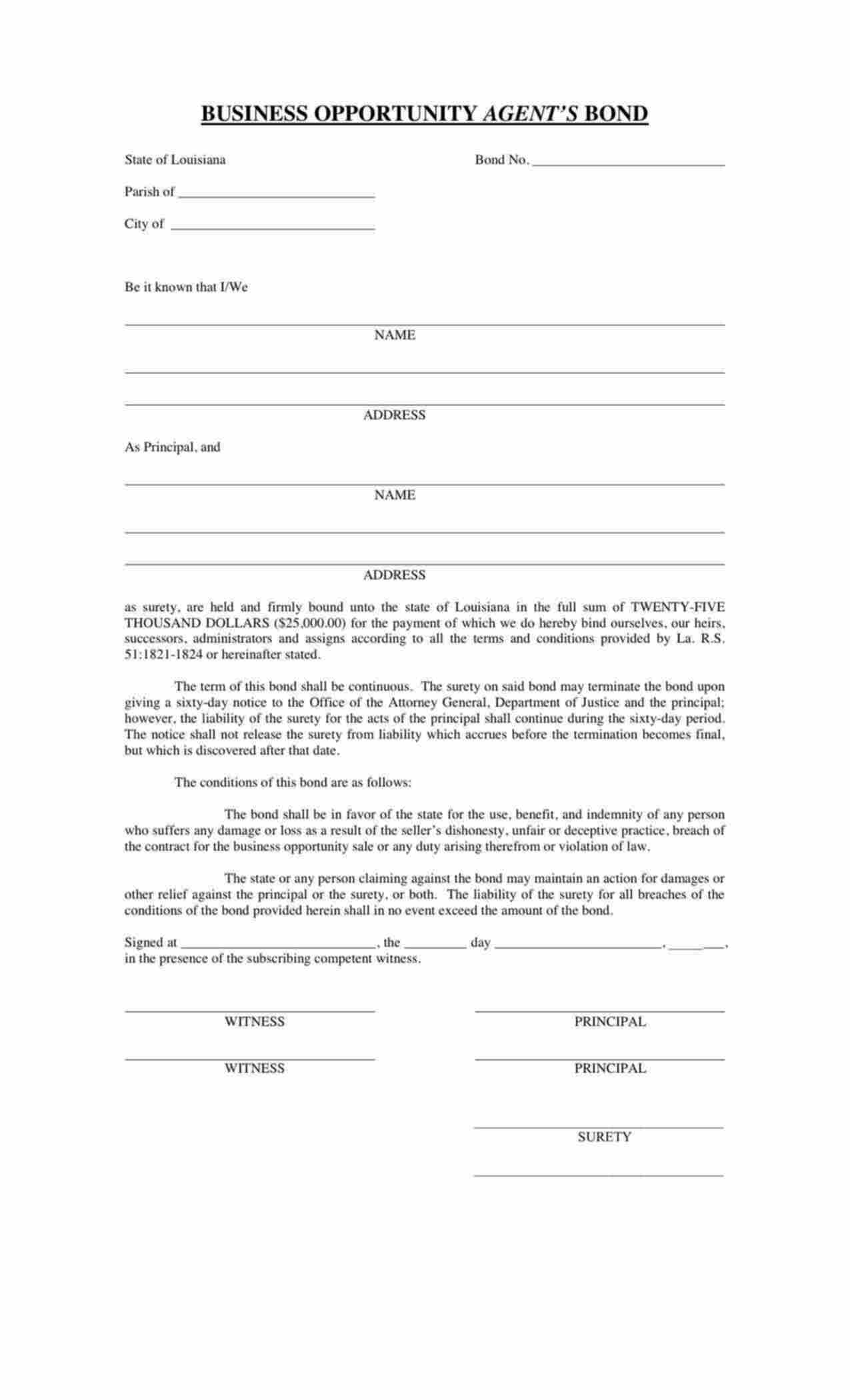 Louisiana Business Opportunity Agent Bond Form