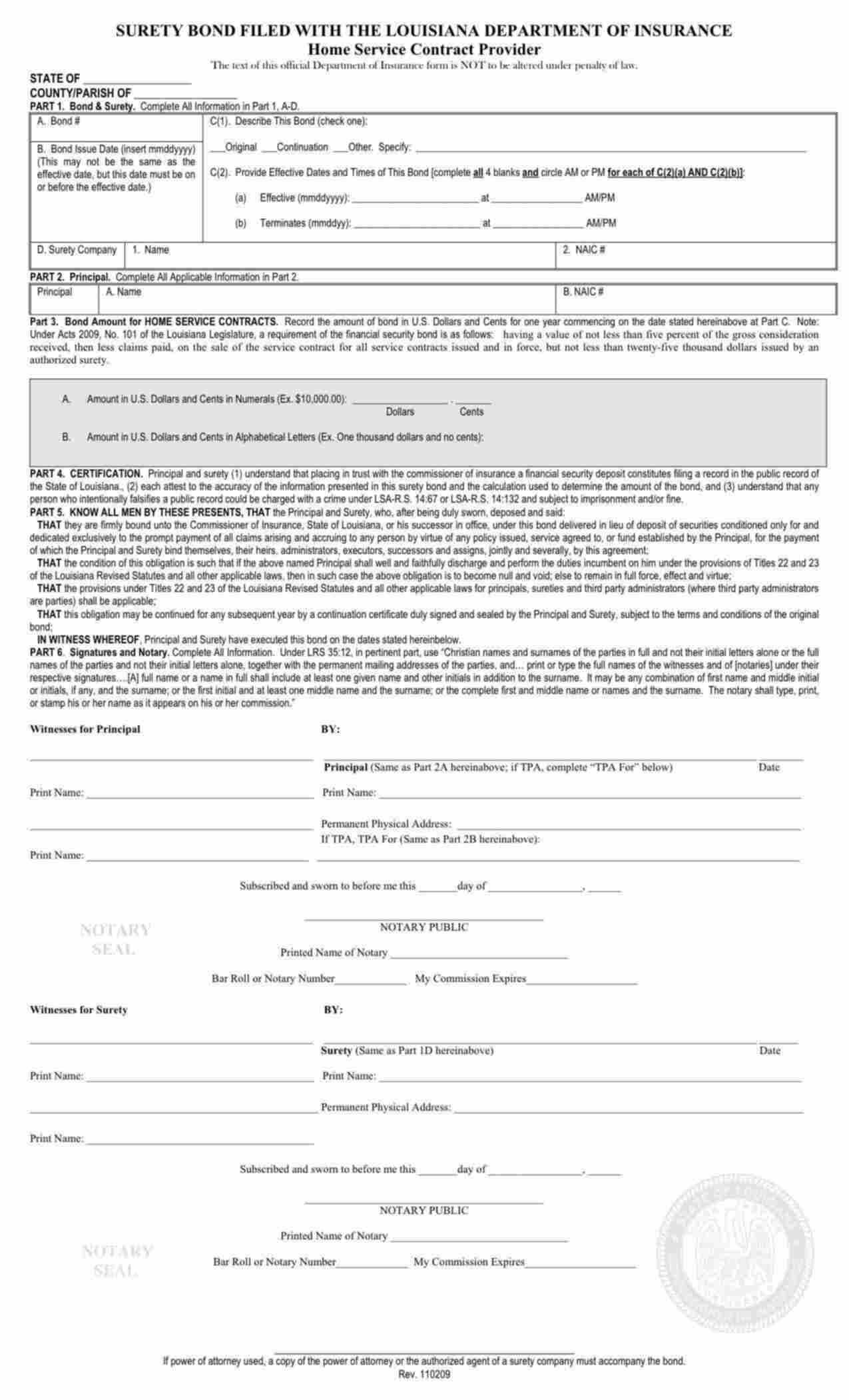Louisiana Home Service Contract Provider Bond Form