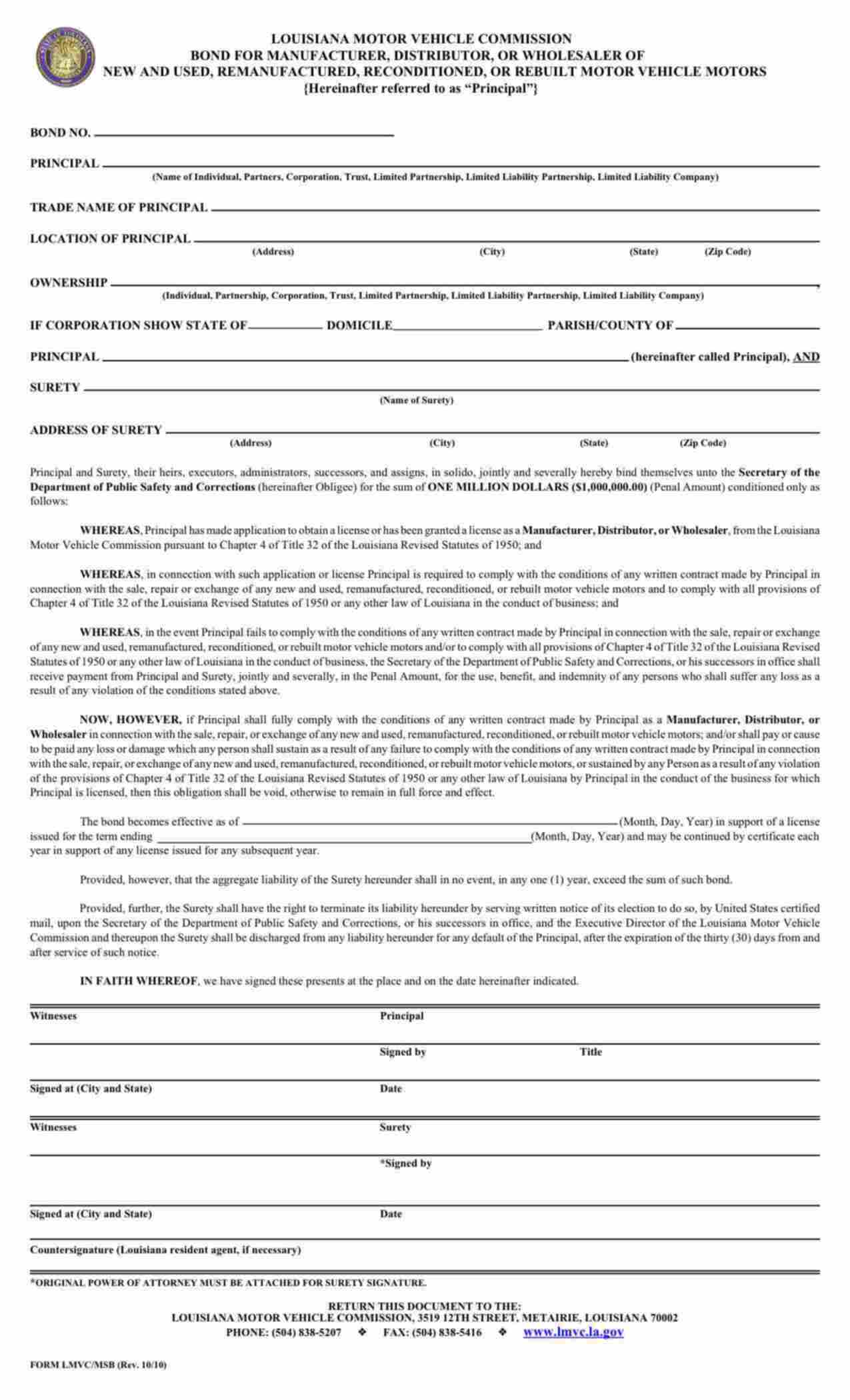 Louisiana Remanufactured, Reconditioned or Rebuilt Motor Vehicle Wholesaler Bond Form