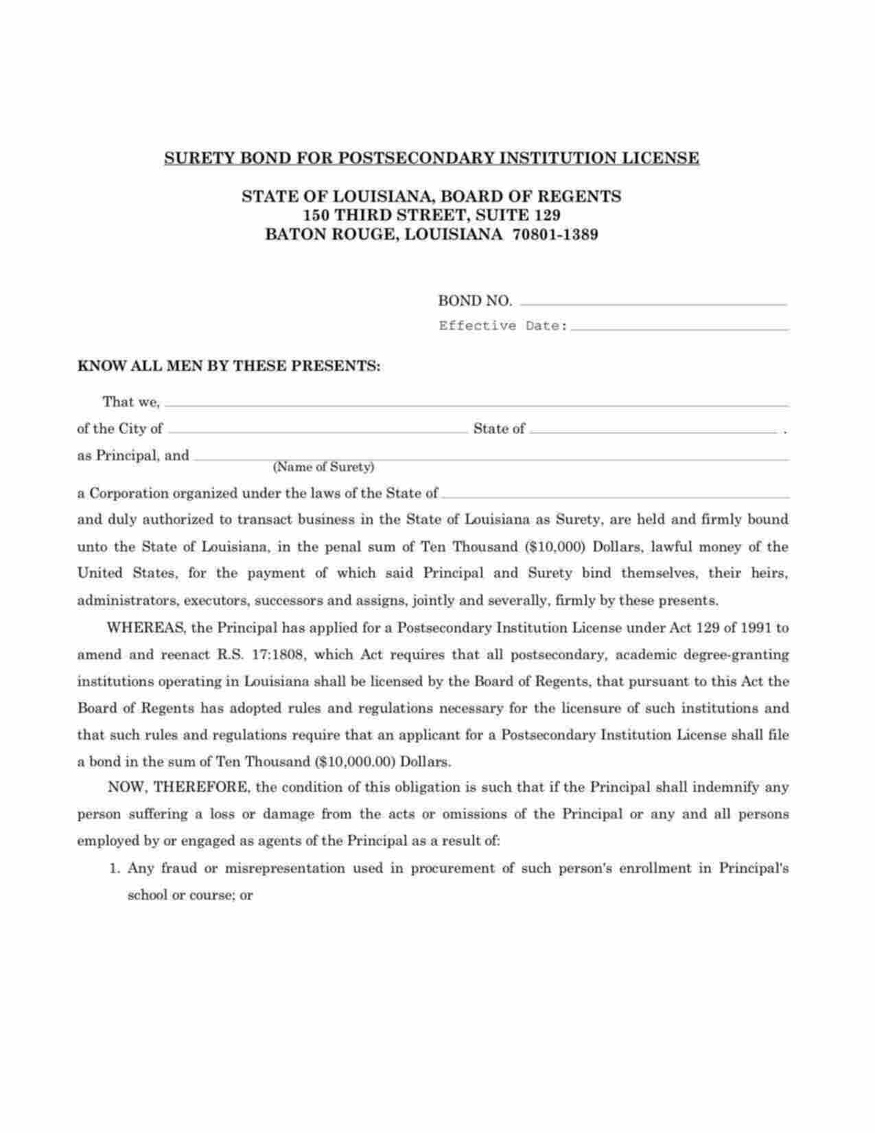 Louisiana Postsecondary Institution License Bond Form