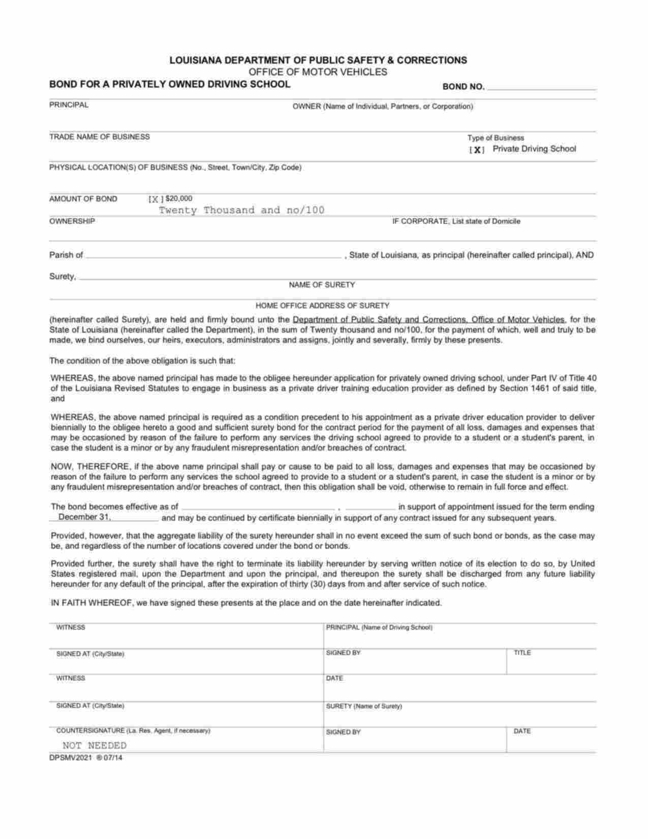 Louisiana Privately Owned Driving School Bond Form