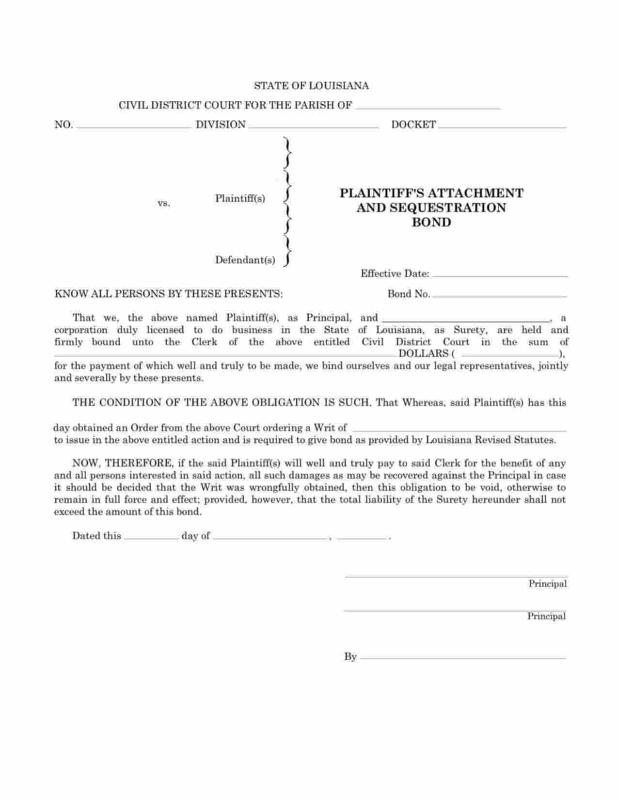 Louisiana Plaintiffs Attachment and Sequestration Bond Form