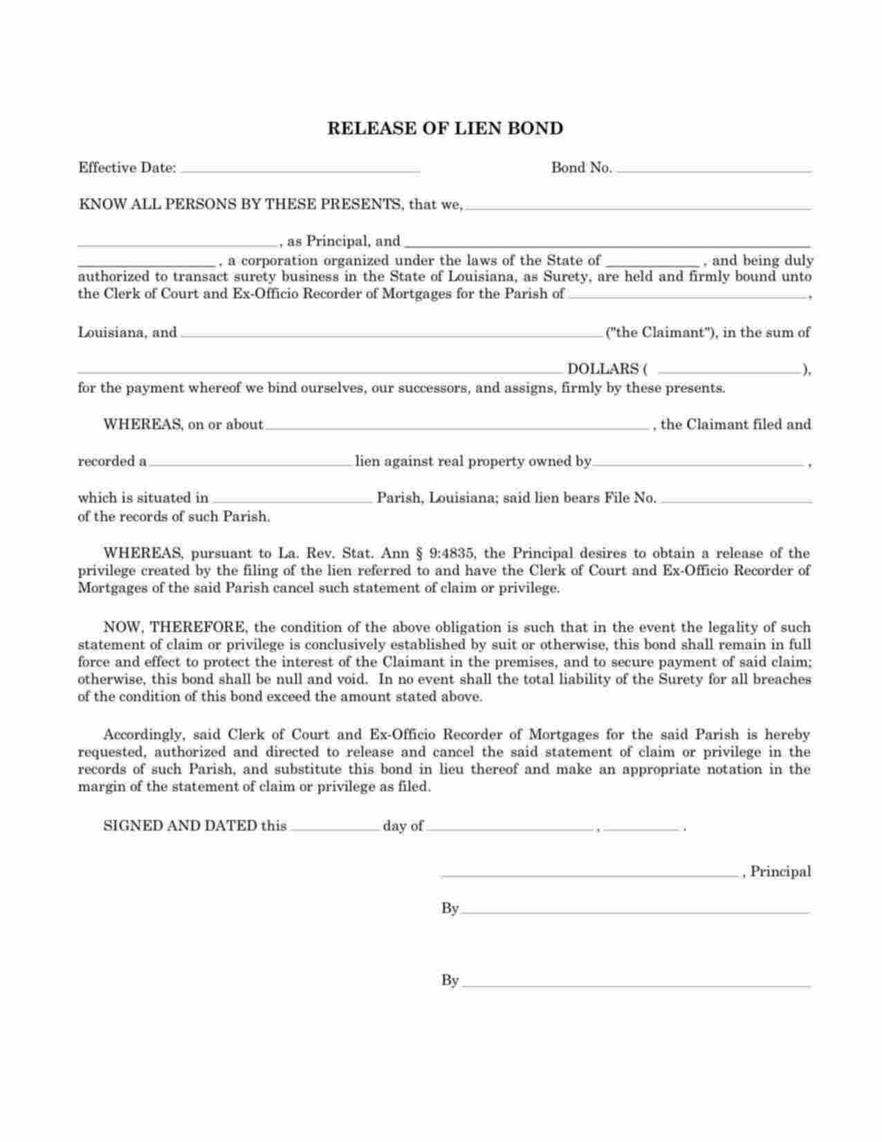 Louisiana Release of Lien Bond Form
