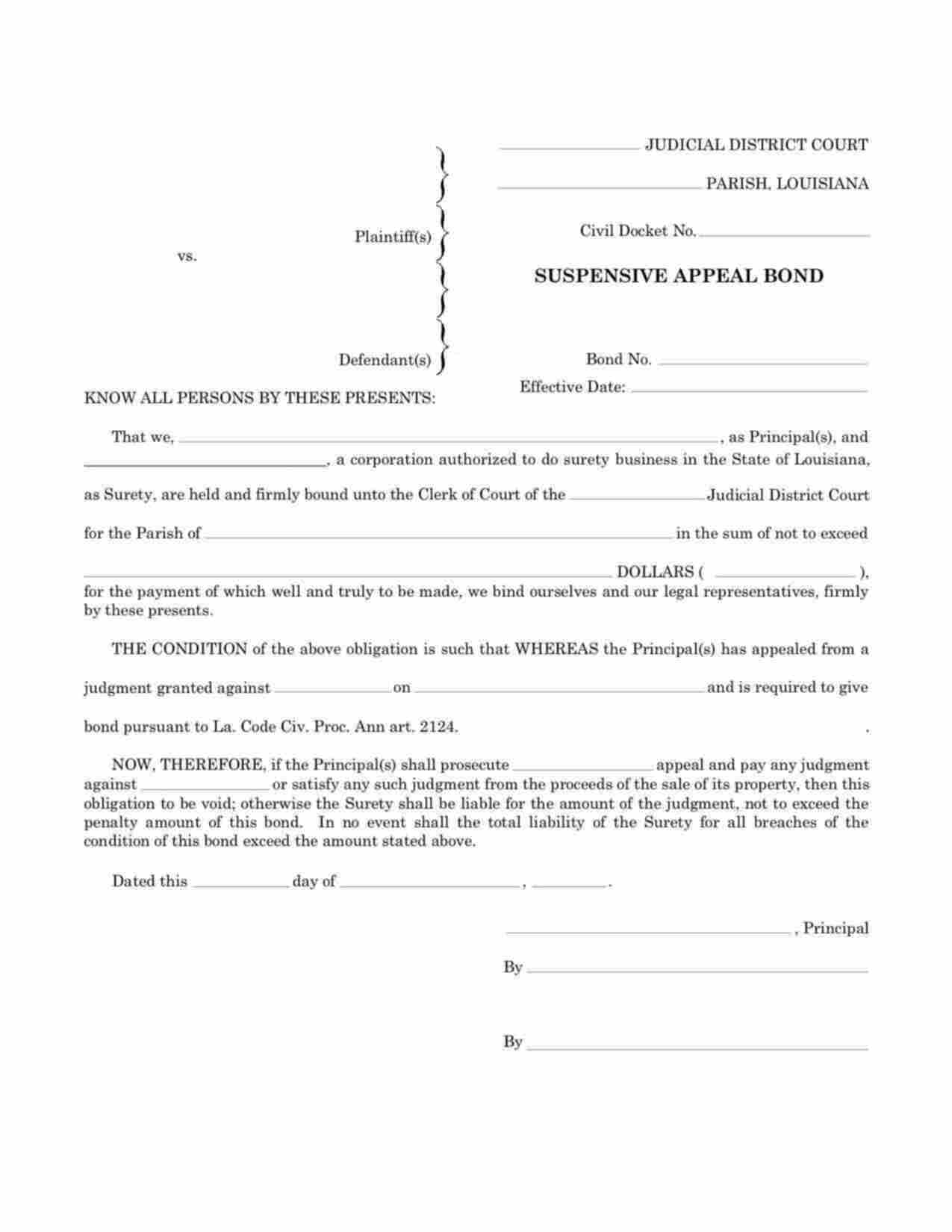 Louisiana Suspensive Appeal Bond Form
