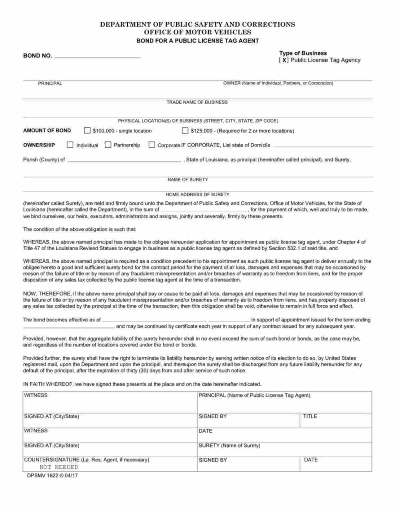 Louisiana Public License Tag Agent Bond Form