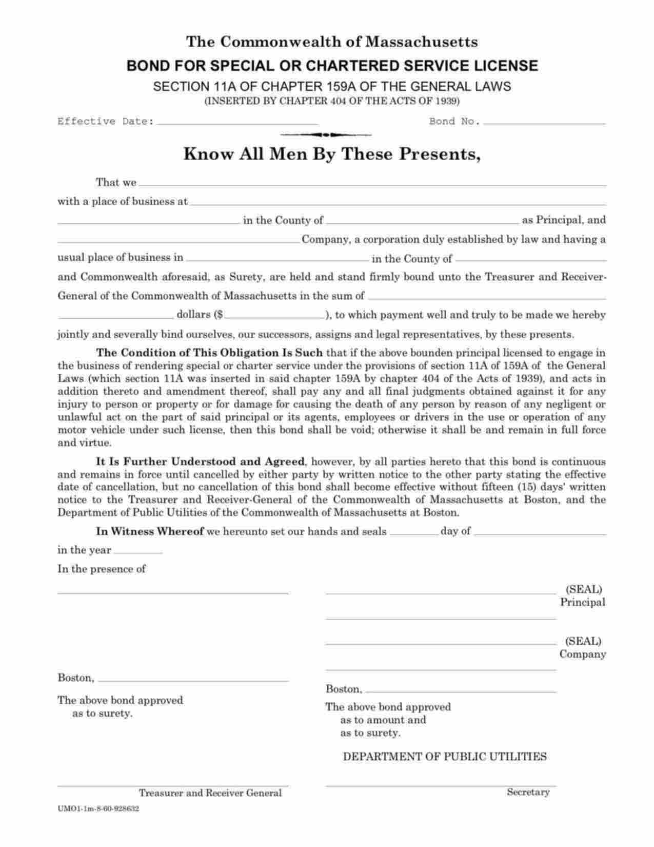 Massachusetts Special or Chartered Service License Bond Form