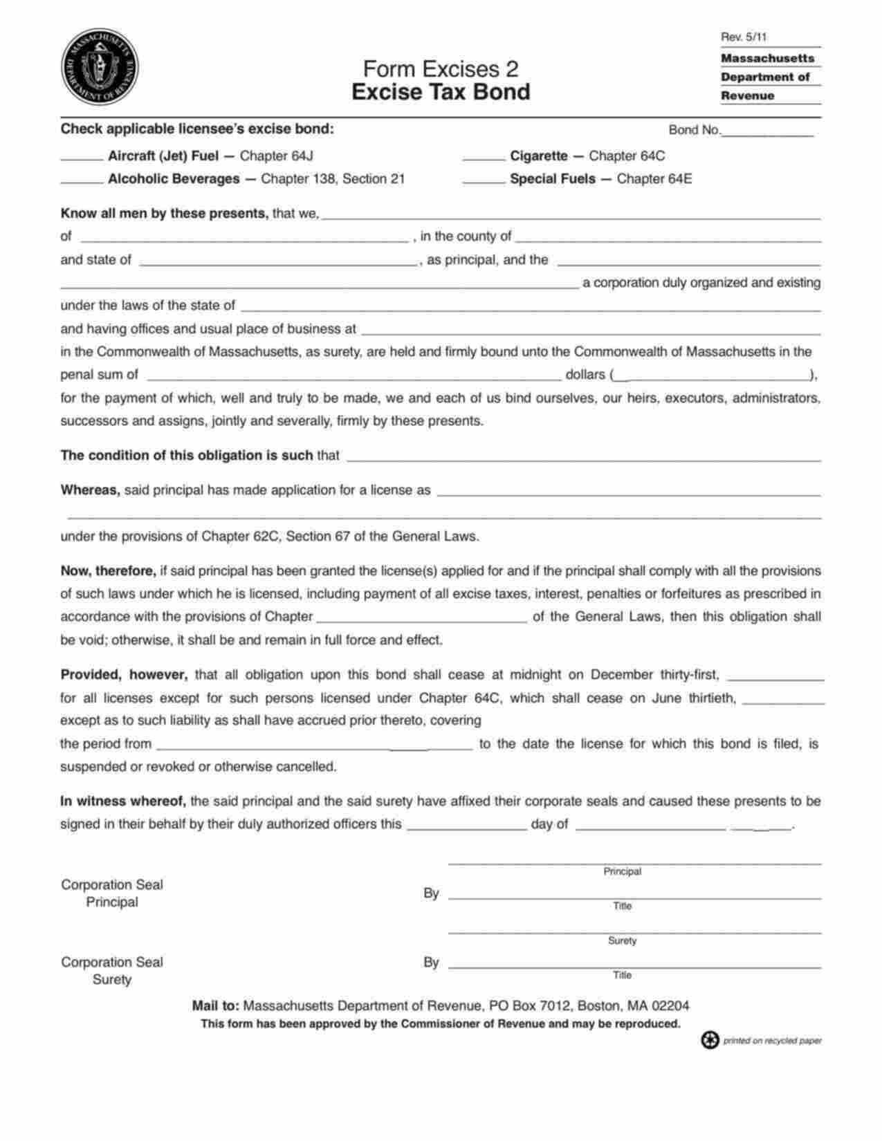 Massachusetts Excise Tax - Cigarette Bond Form