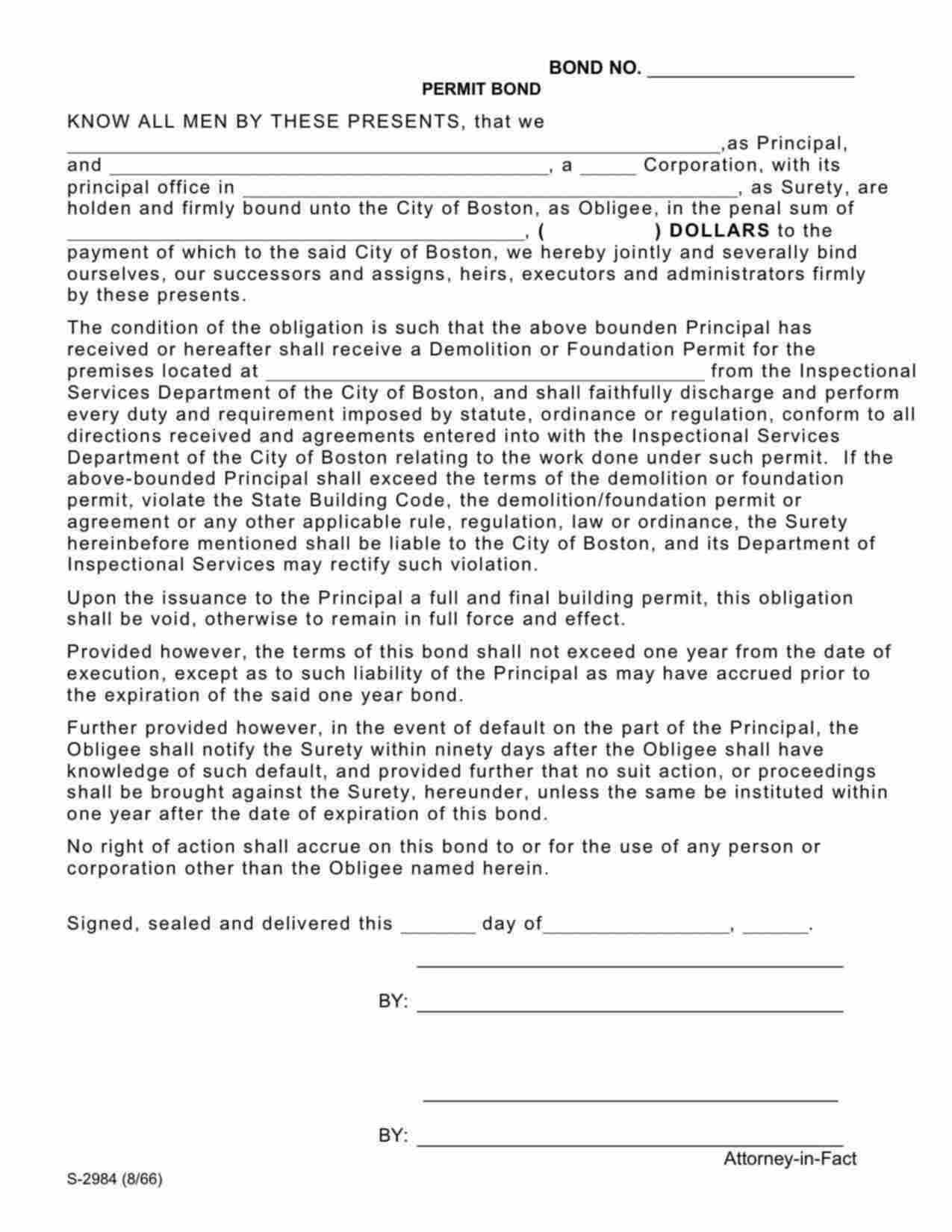 Massachusetts Demolition or Foundation Permit Bond Form