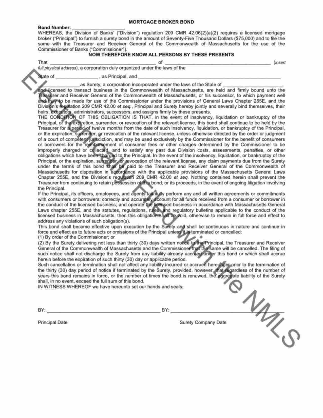 Massachusetts Mortgage Broker Bond Form