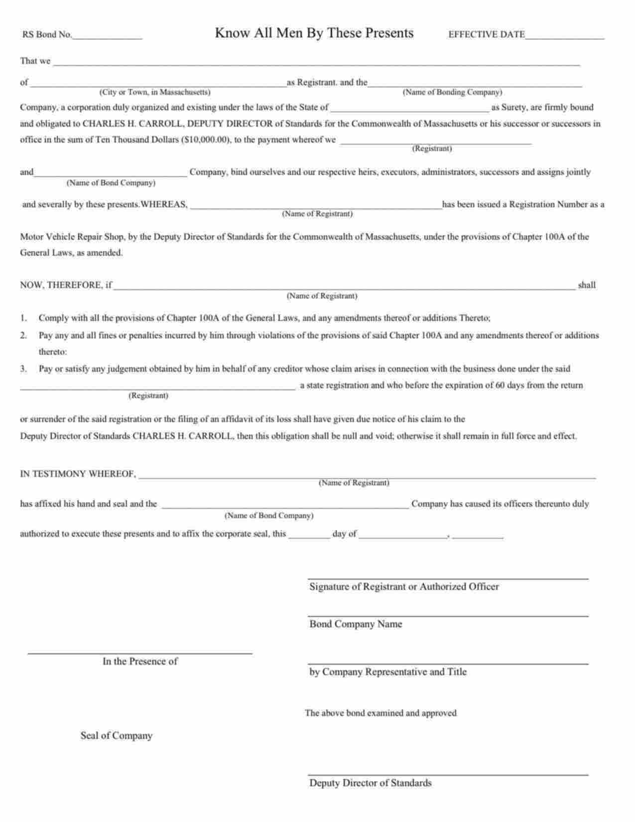 Massachusetts Motor Vehicle Repair Shop Bond Form