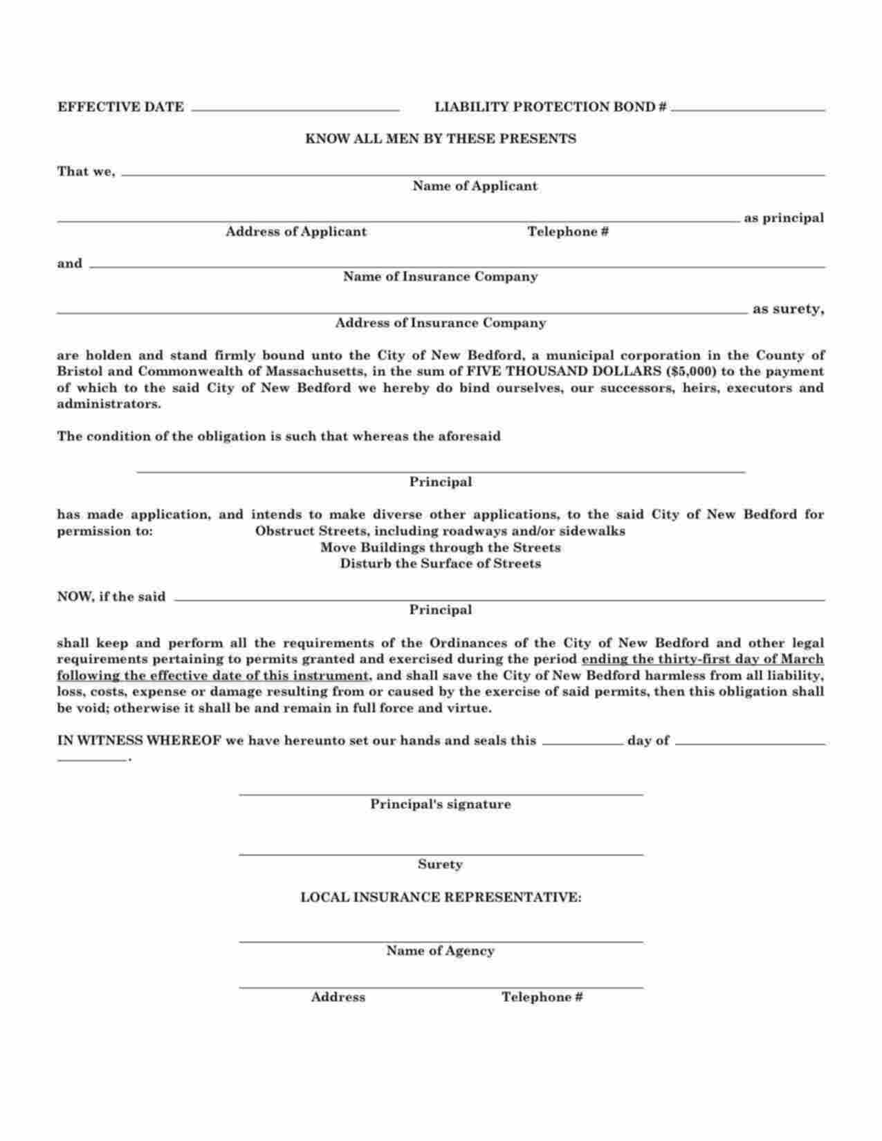 Massachusetts Street Obstruction Bond Form