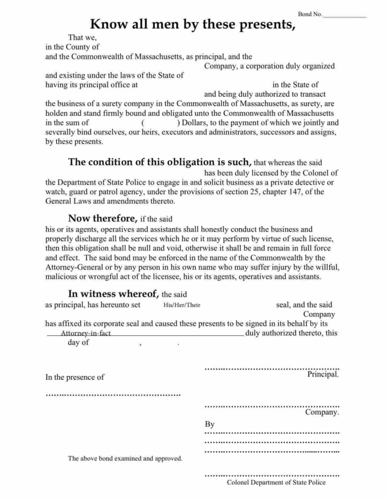 Massachusetts Private Detective or Watch, Guard or Patrol Agency Bond Form