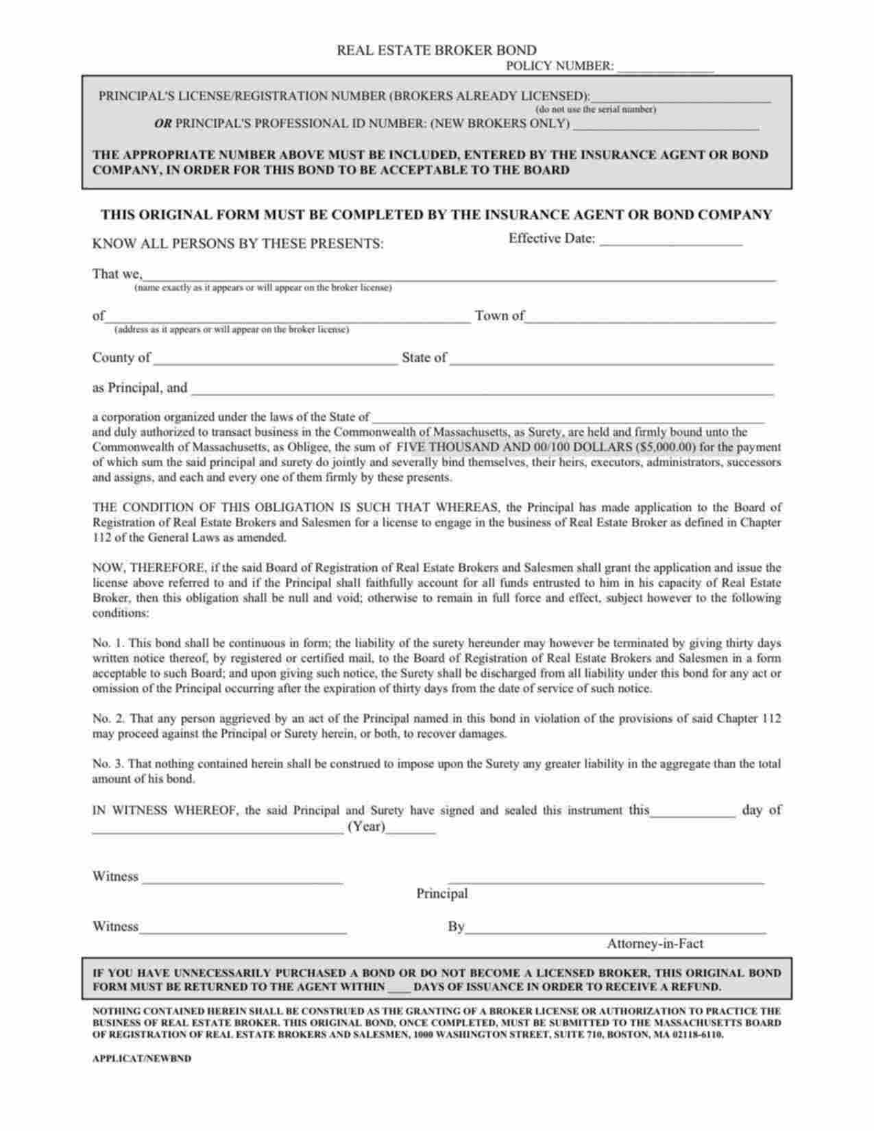 Massachusetts Real Estate Broker Bond Form