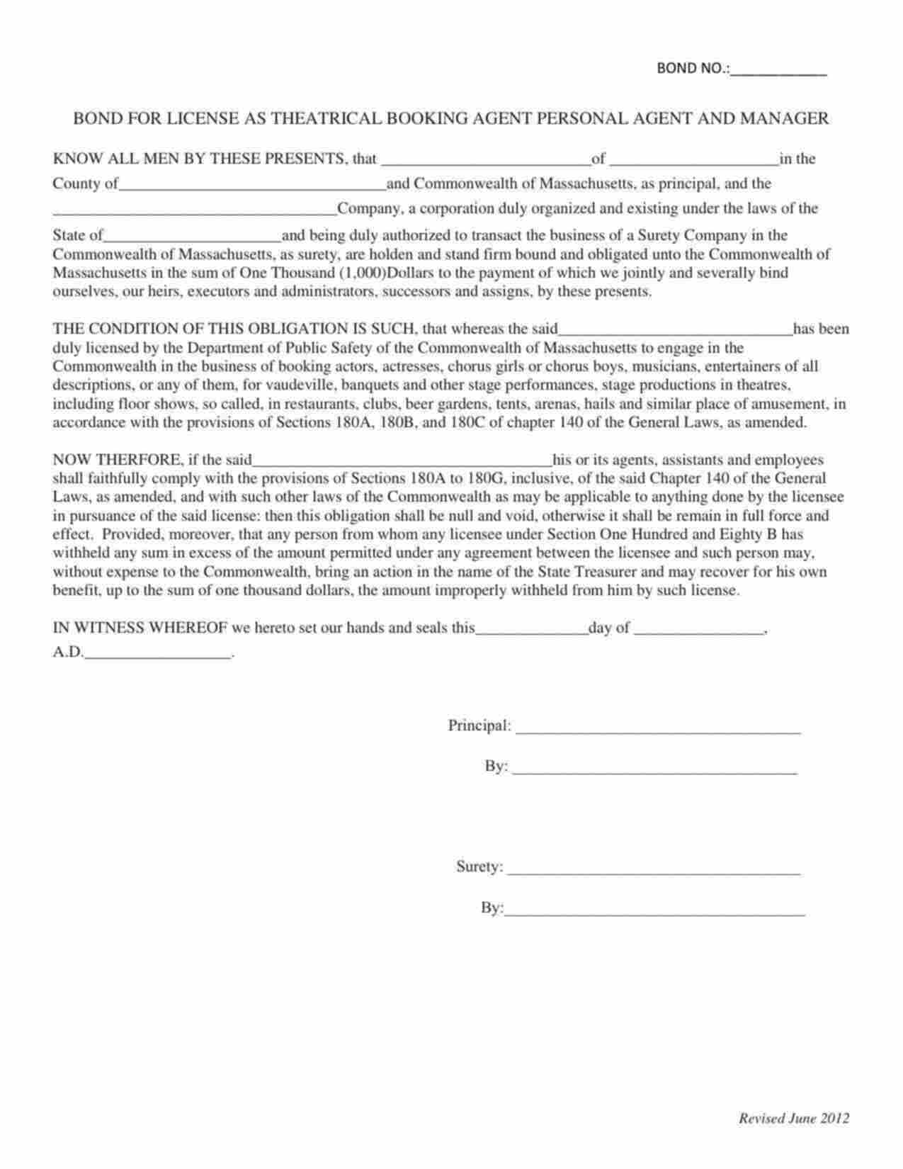 Massachusetts Theatrical Booking Agent Bond Form