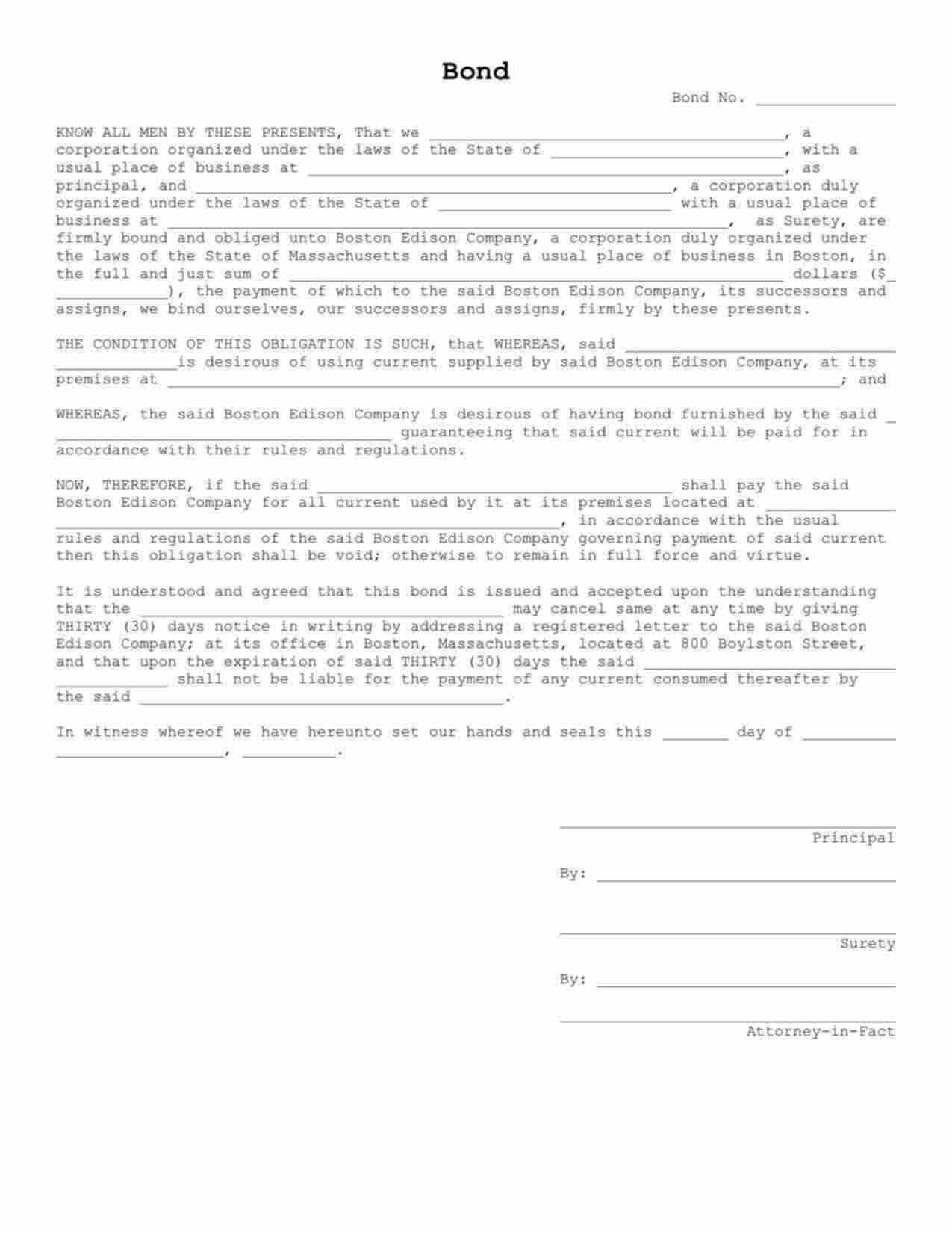 Massachusetts Utility Deposit Bond Form