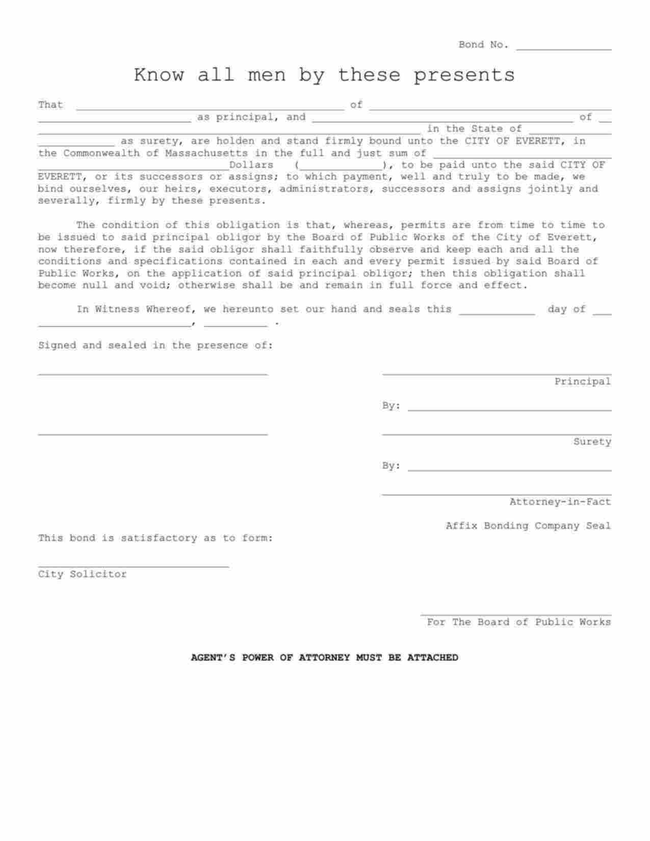 Massachusetts Street Opening Permit Bond Form