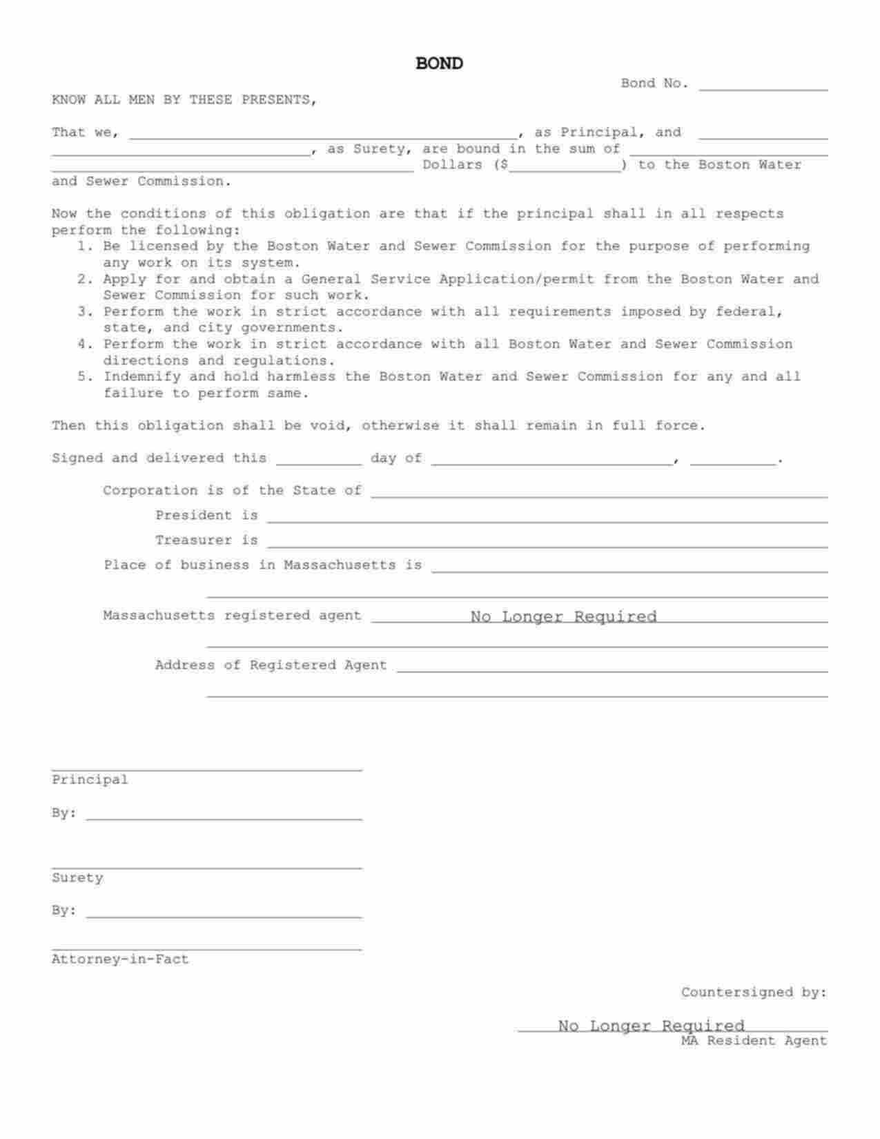 Massachusetts Water and Sewer (Drain Layer) Bond Form