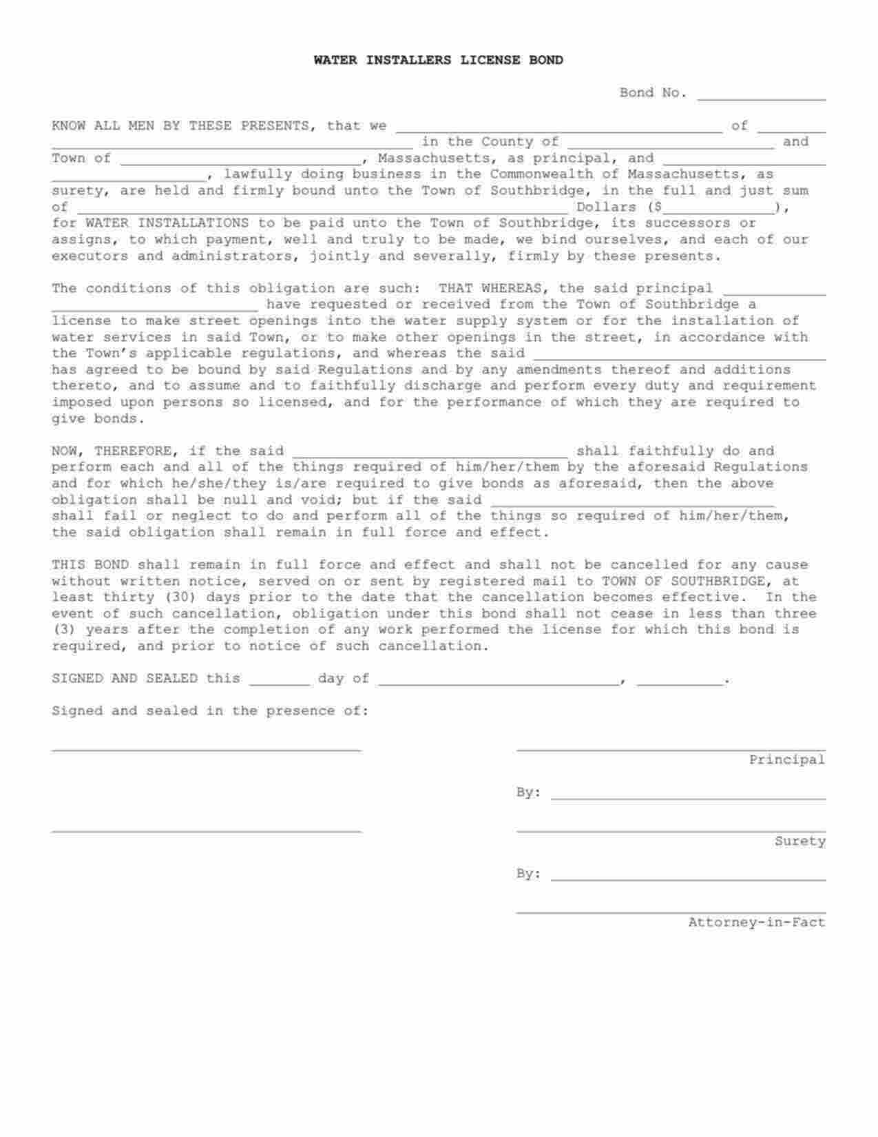 Massachusetts Water Installer Bond Form