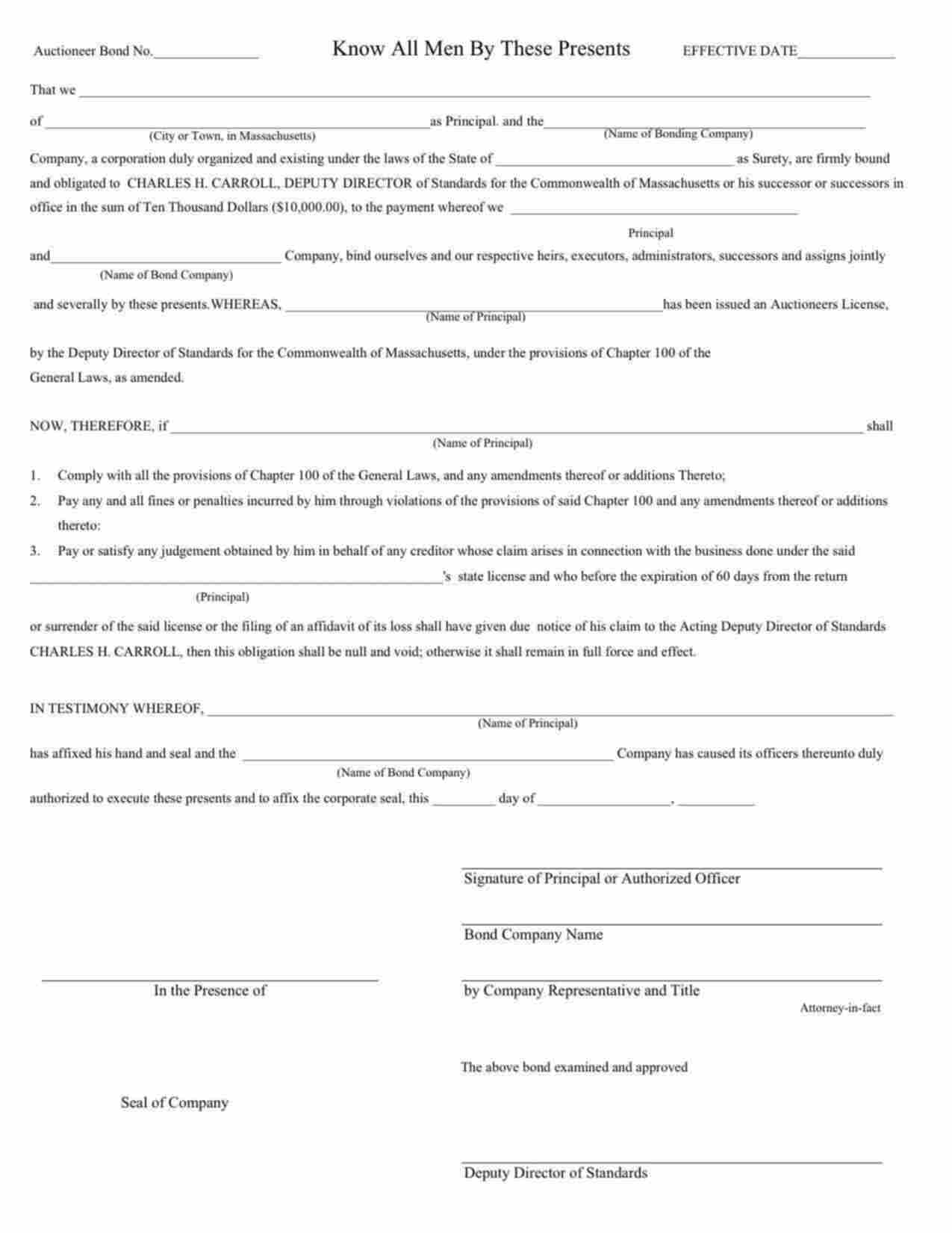 Massachusetts Auctioneer Bond Form