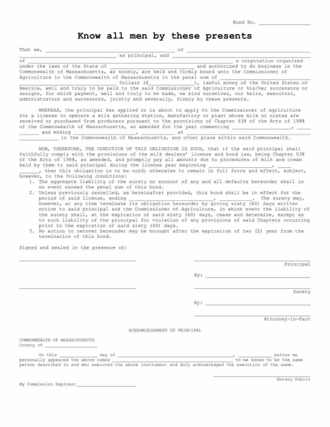 Massachusetts Milk Dealer's License Bond Form