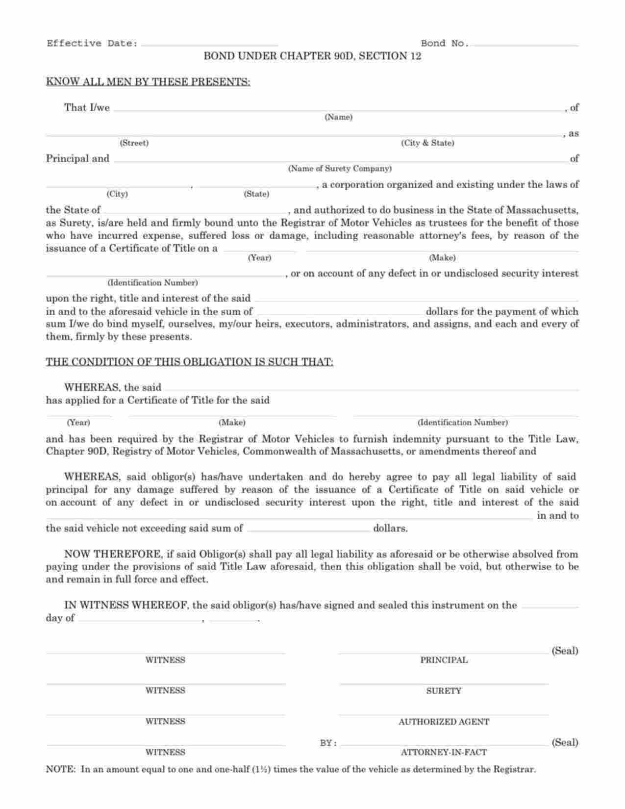 Massachusetts Motor Vehicle Certificate of Title Bond Form